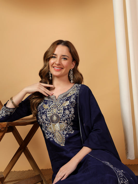 Blue Designer Embroidered Kurta set with dupatta & Pant