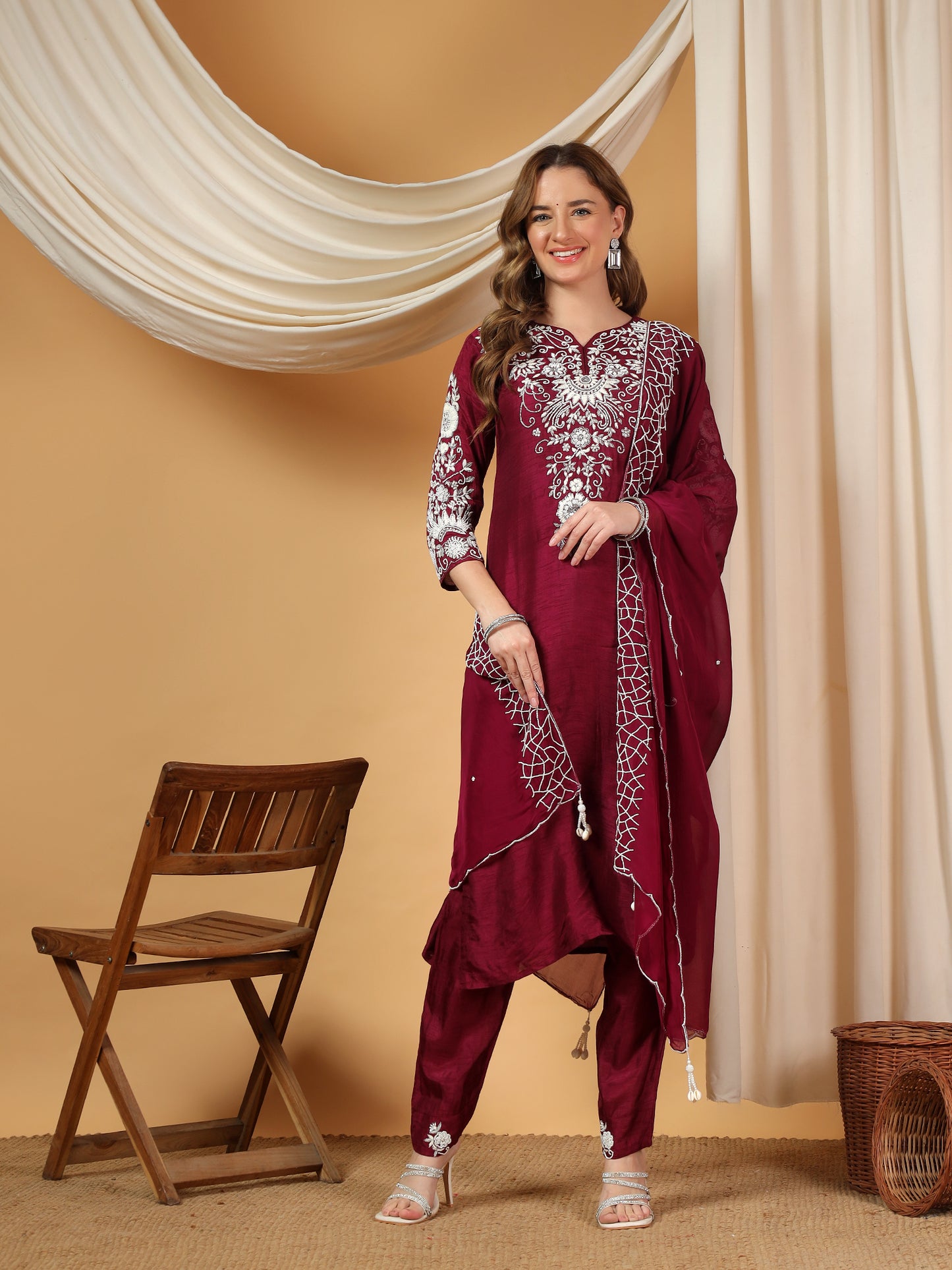 Wine Designer Embroidered Kurta set with dupatta & Pant