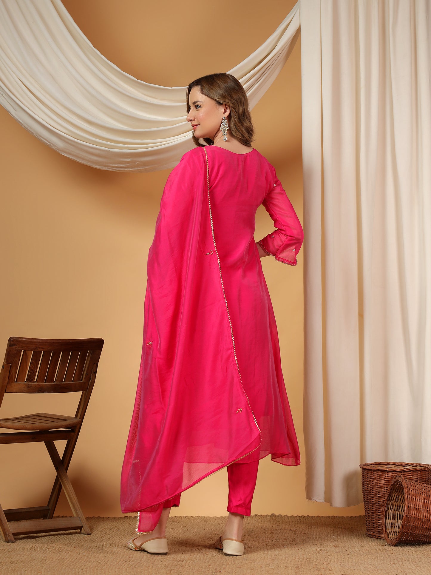 Pink Designer Embroidered A Line kurta set with dupatta and Pant