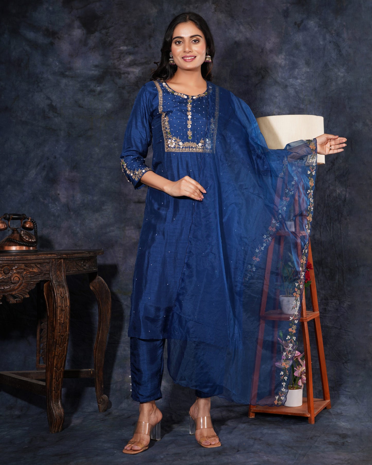 Blue Designer Embroidered Ethnic Kurta Set with Pant & Dupatta - Prisachi Official