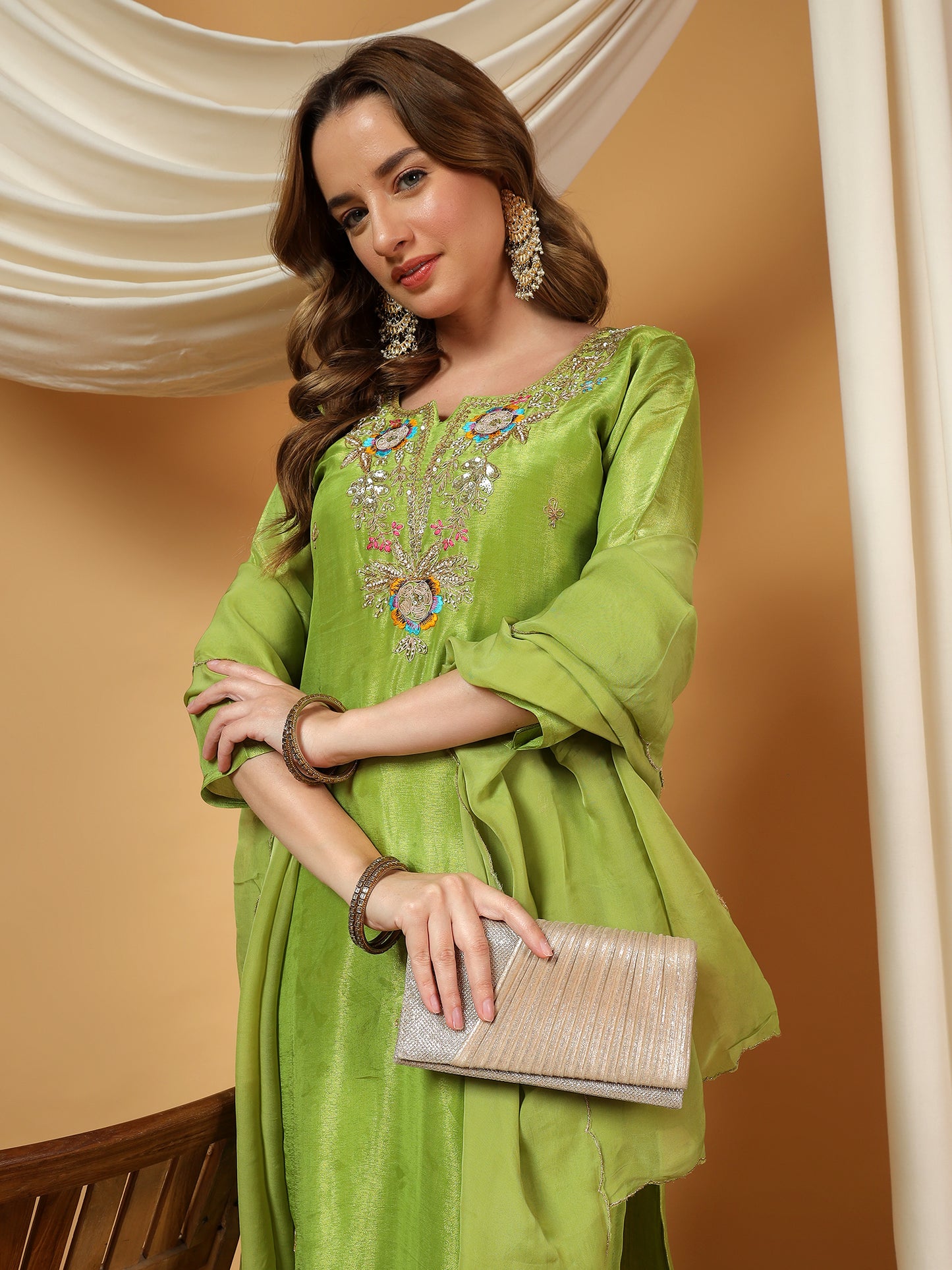 Green Designer Embroidered Kurta set with dupatta & Pant