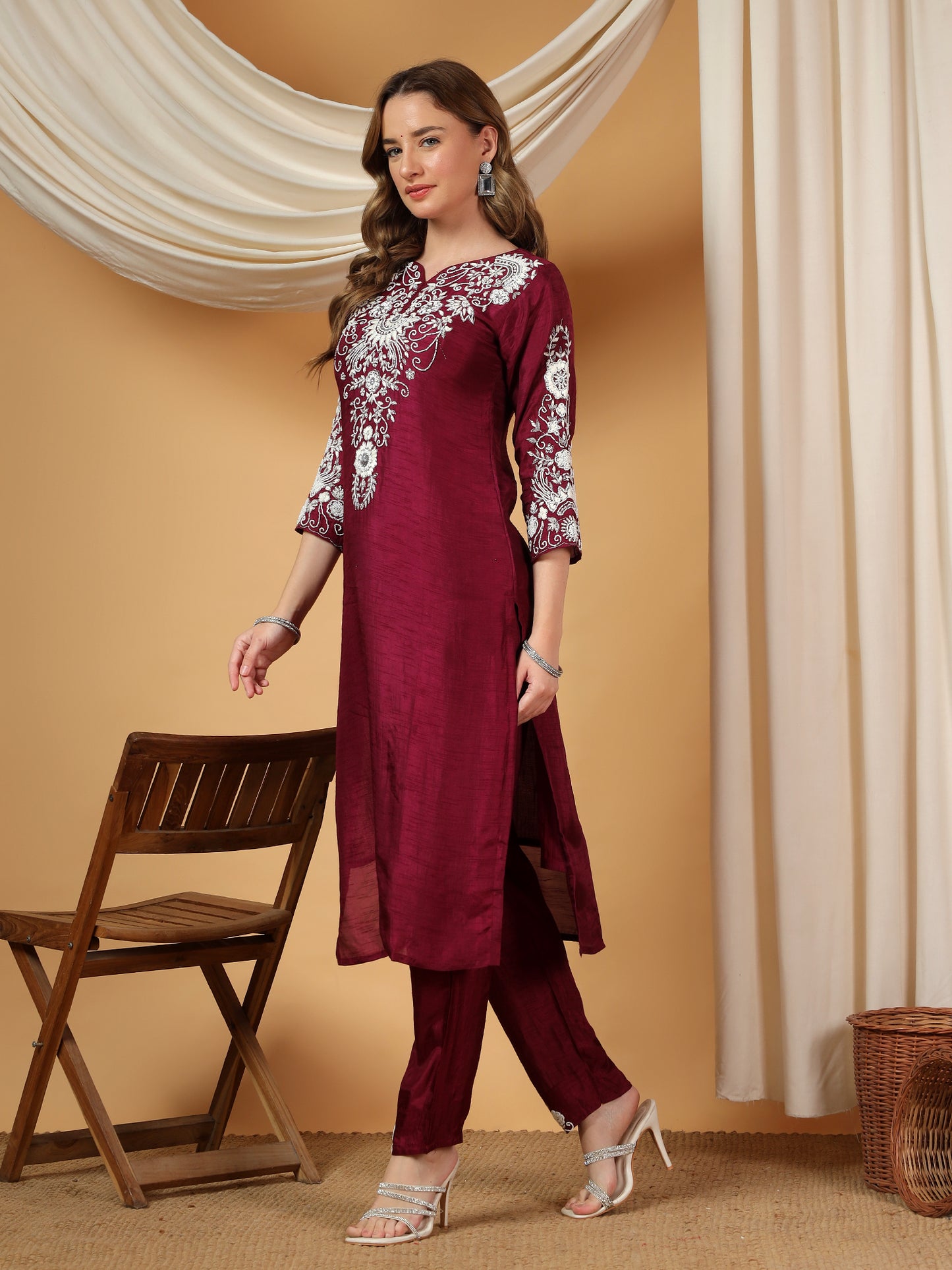 Wine Designer Embroidered Kurta set with dupatta & Pant