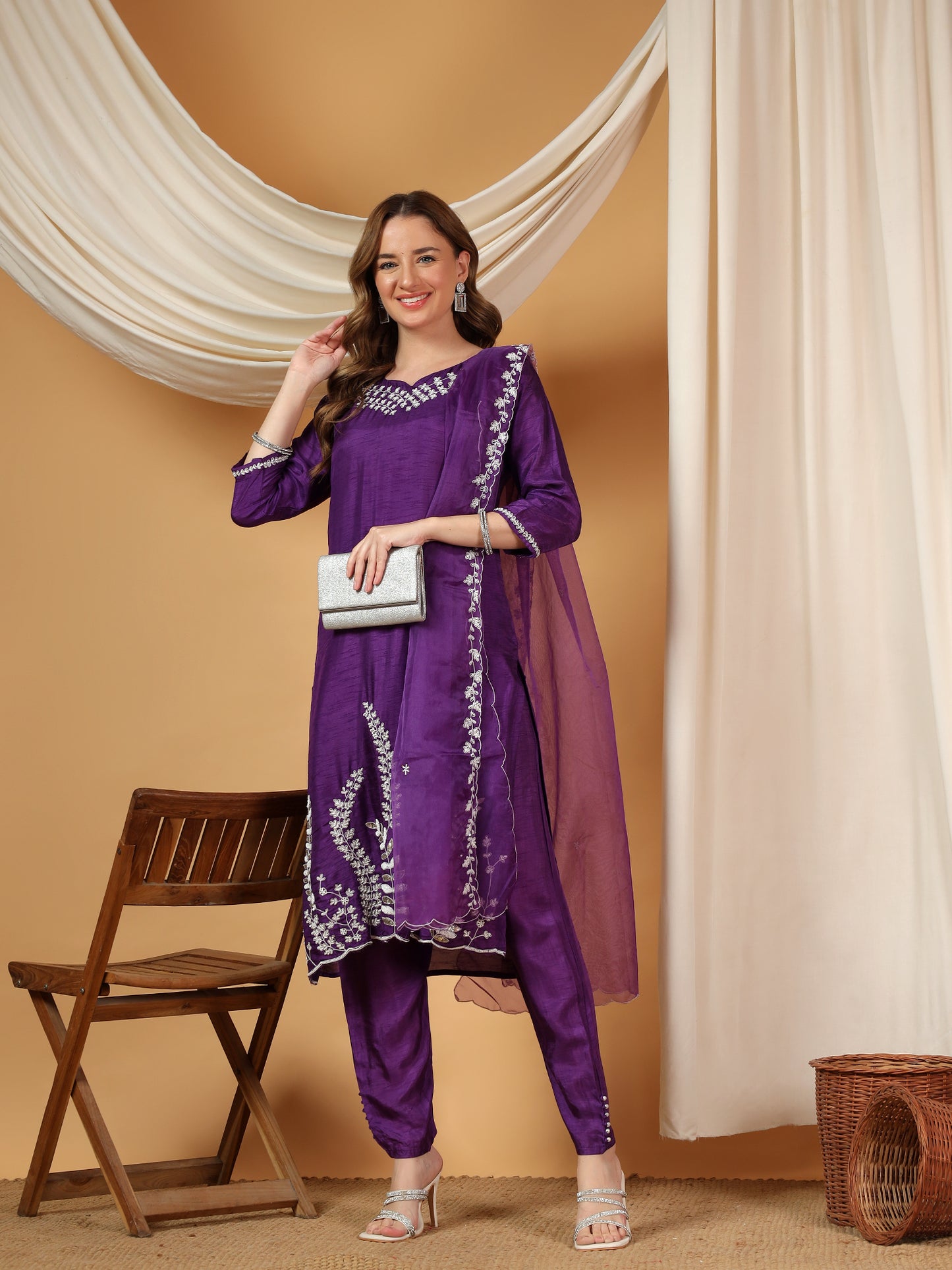 Purple Designer Embroidered Kurta set with dupatta & Pant