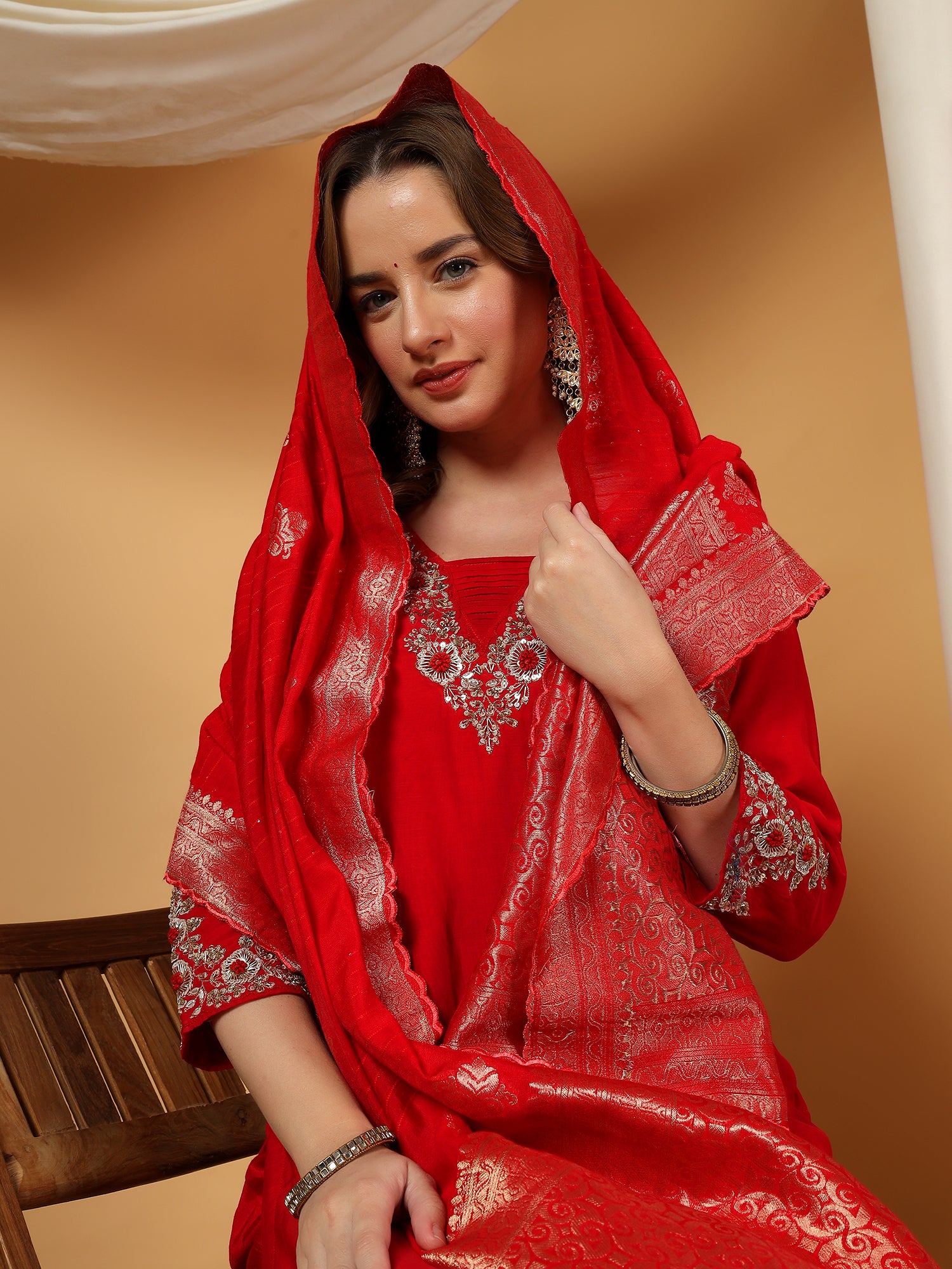 Red Designer Embroidered kurta set with dupatta & Pant - Prisachi Official