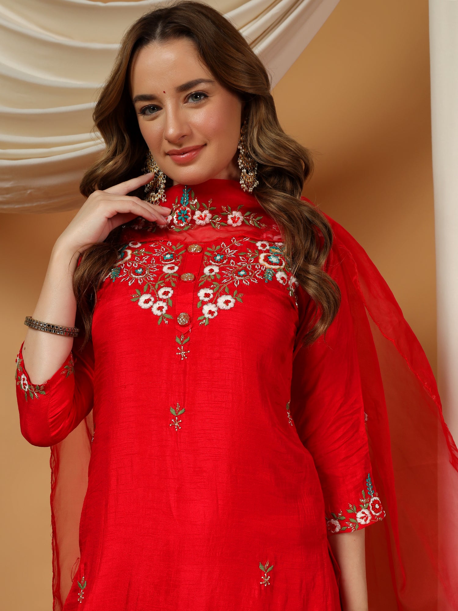 Red Designer Embroidered kurta set with pant & dupatta - Prisachi Official