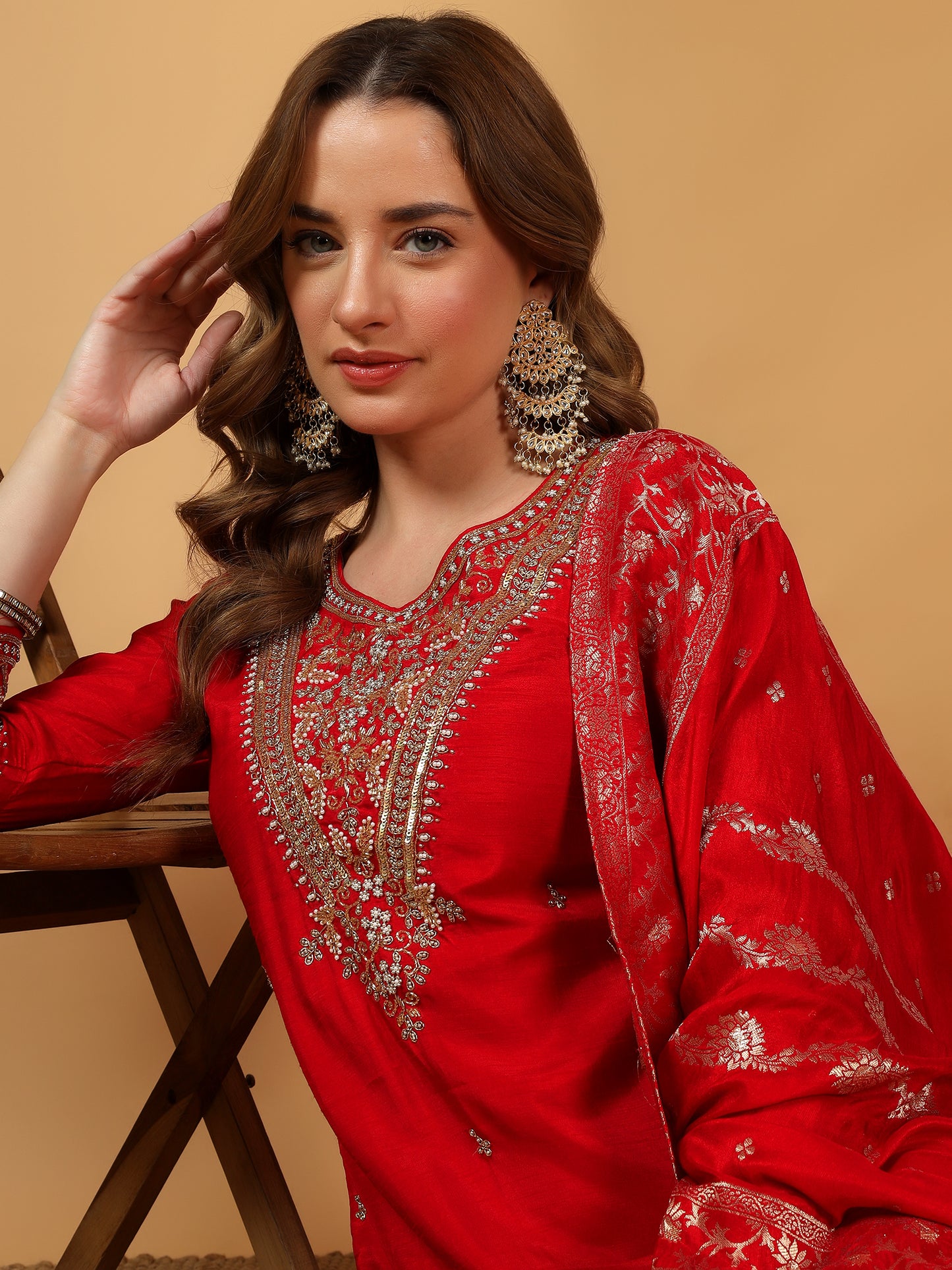 Red Designer Embroidered Kurta set with Banarasi dupatta with Pant - Prisachi Official
