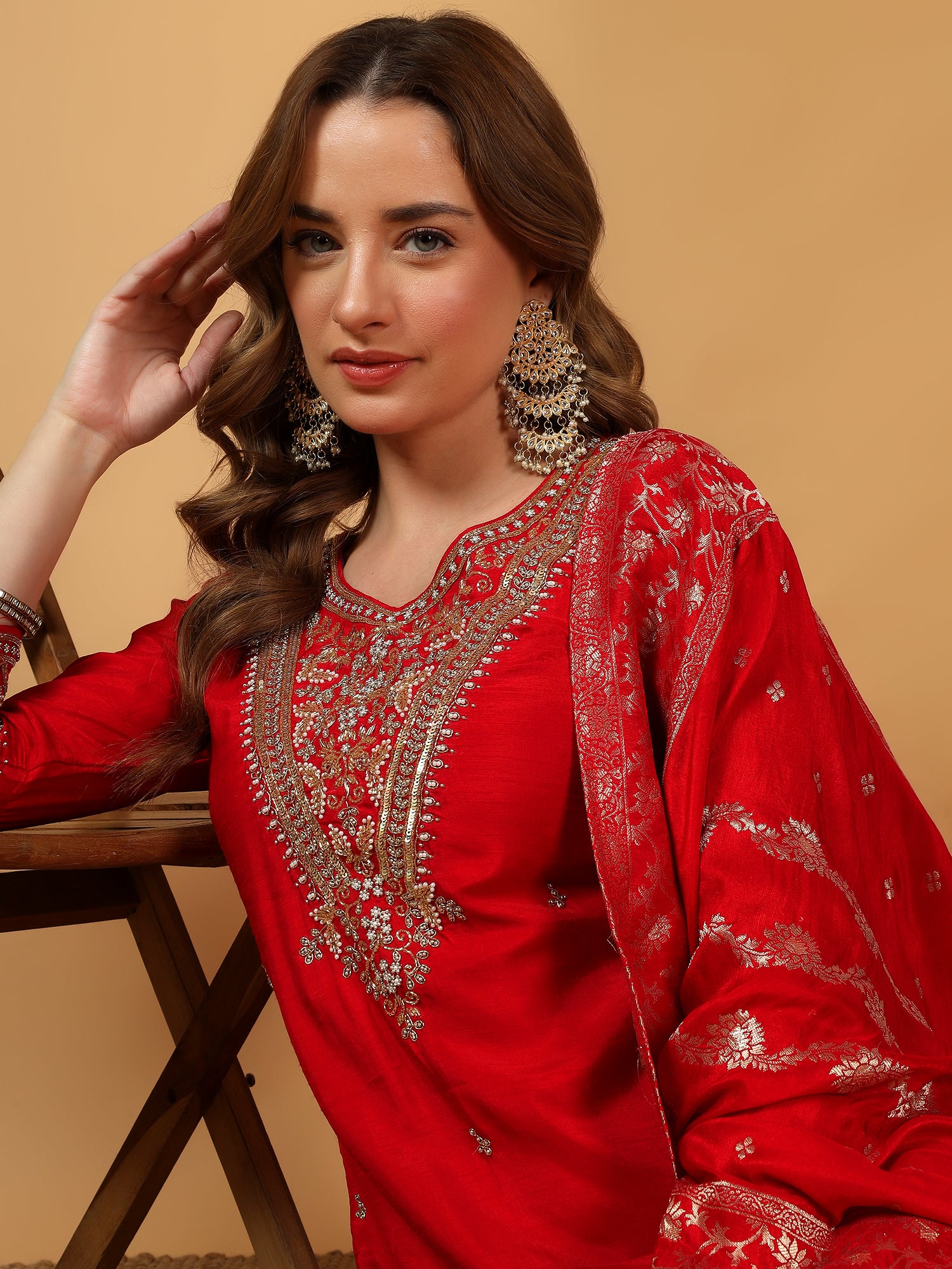 Red Designer Embroidered Kurta set with Banarasi dupatta with Pant - Prisachi Official