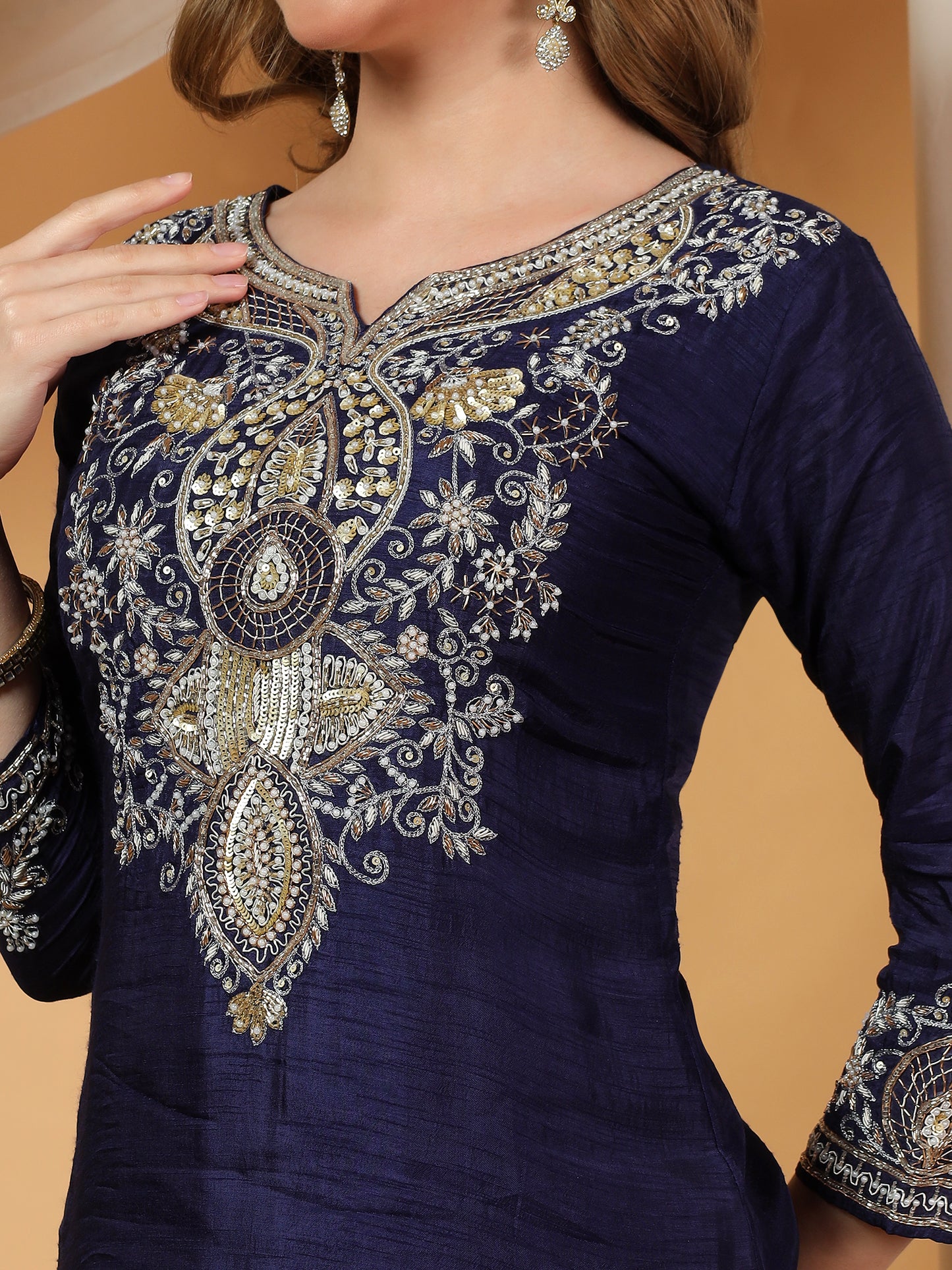 Blue Designer Embroidered Kurta set with dupatta & Pant