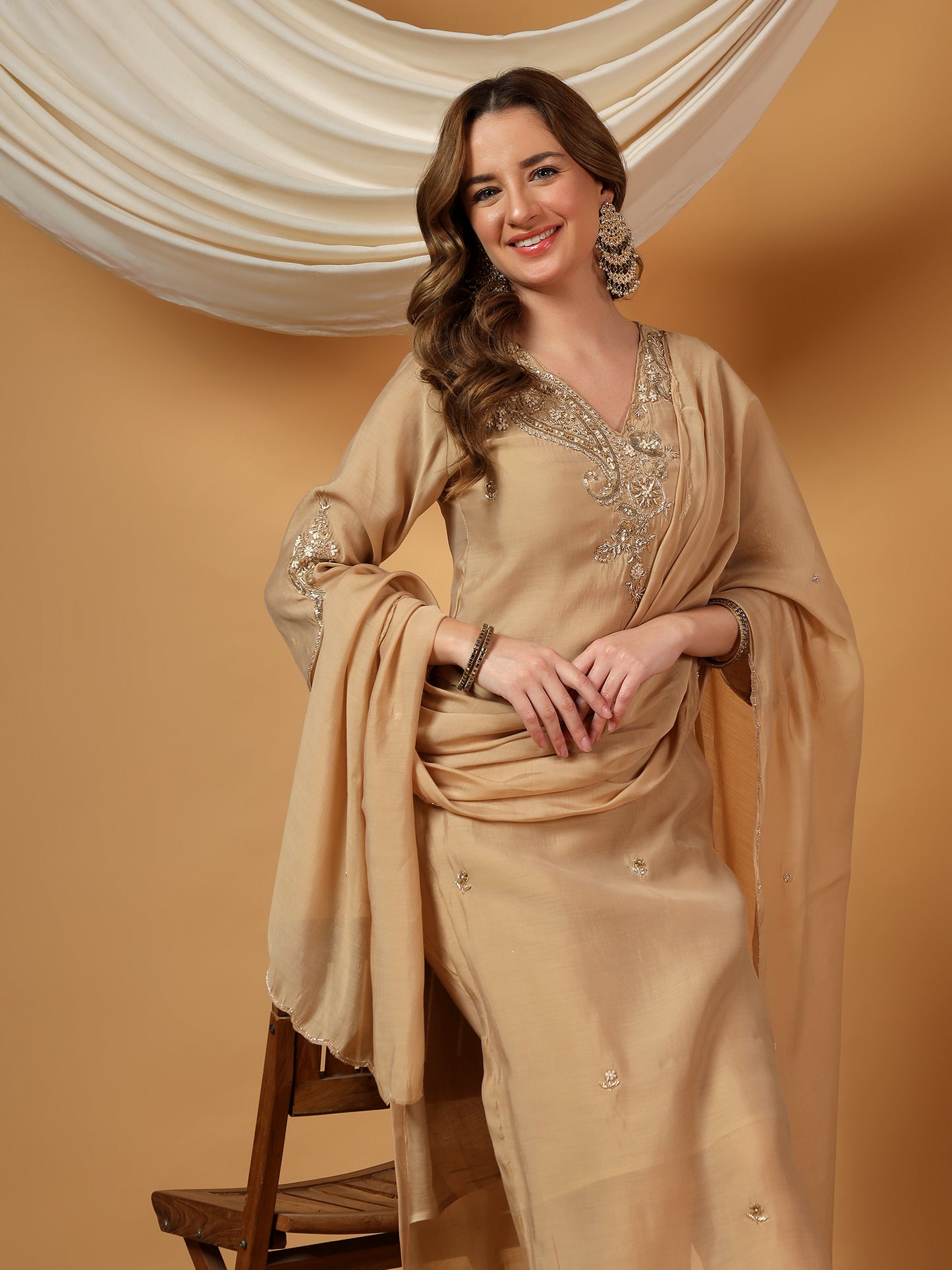 Beige Designer Embroidered kurta set with pant with dupatta
