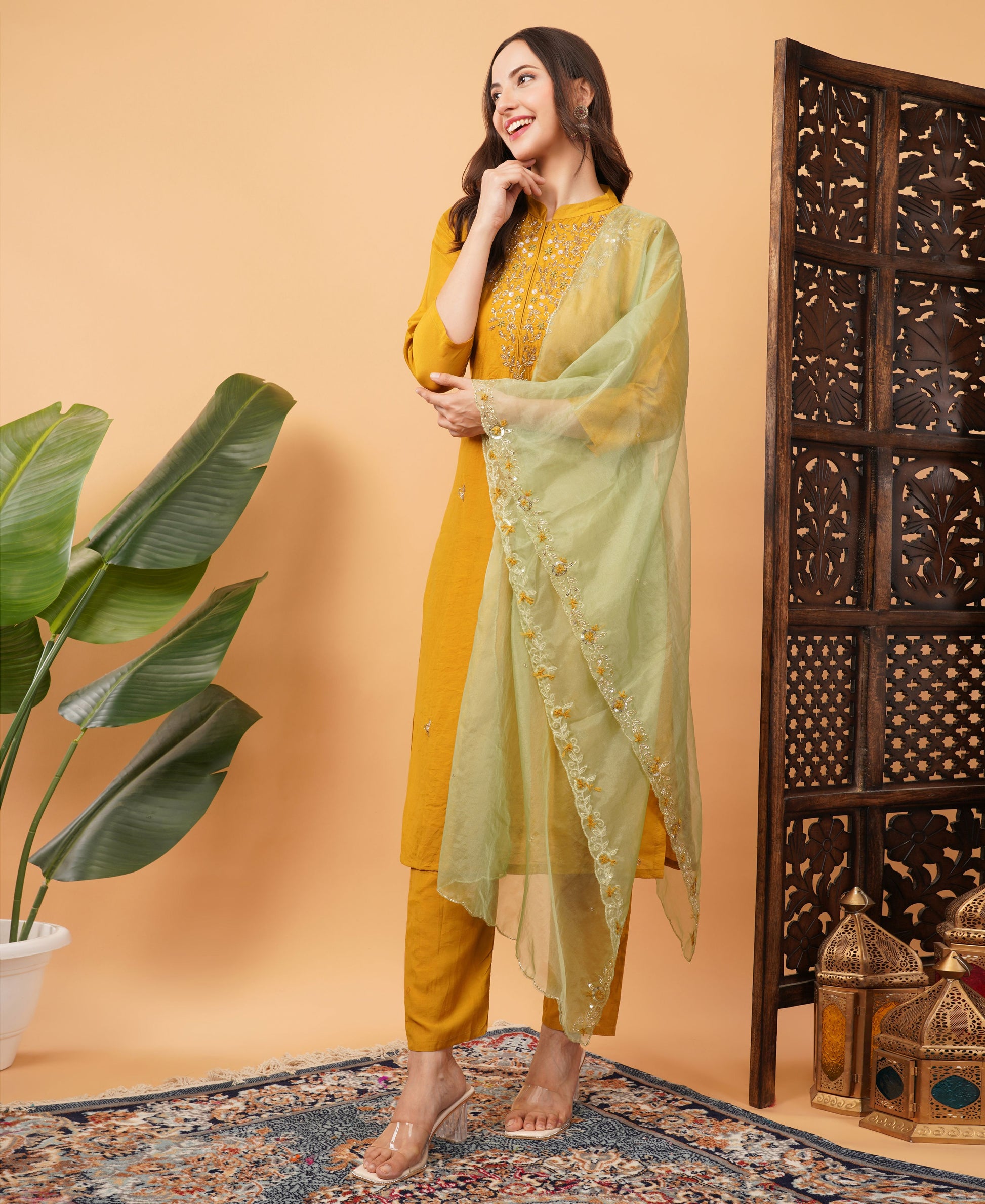 Yellow Designer Embroidered Ethnic Kurta Set with Pant & Dupatta - Prisachi Official
