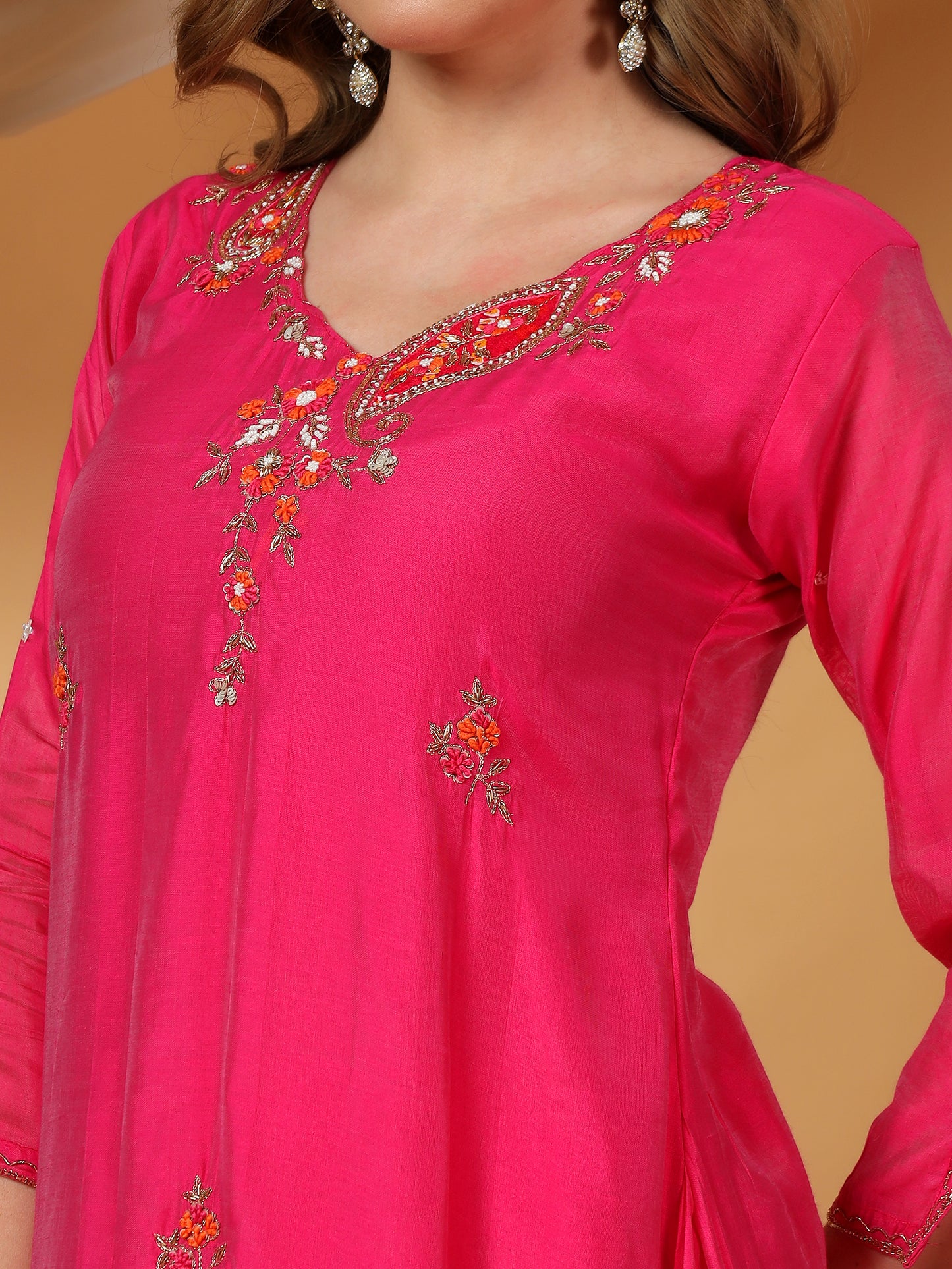 Pink Designer Embroidered A Line kurta set with dupatta and Pant
