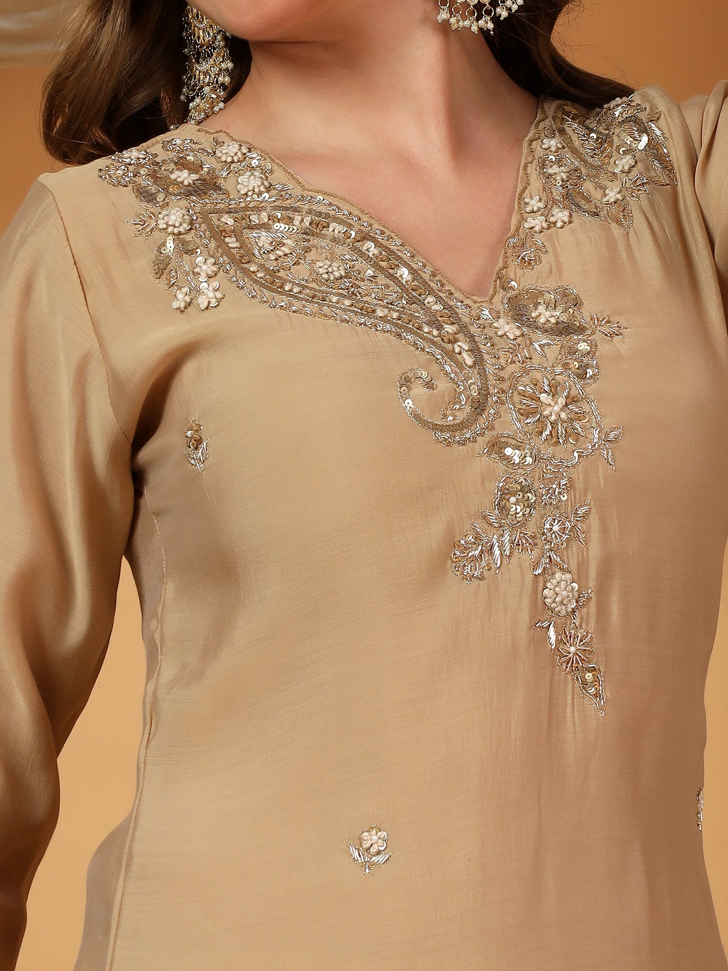 Beige Designer Embroidered kurta set with pant with dupatta