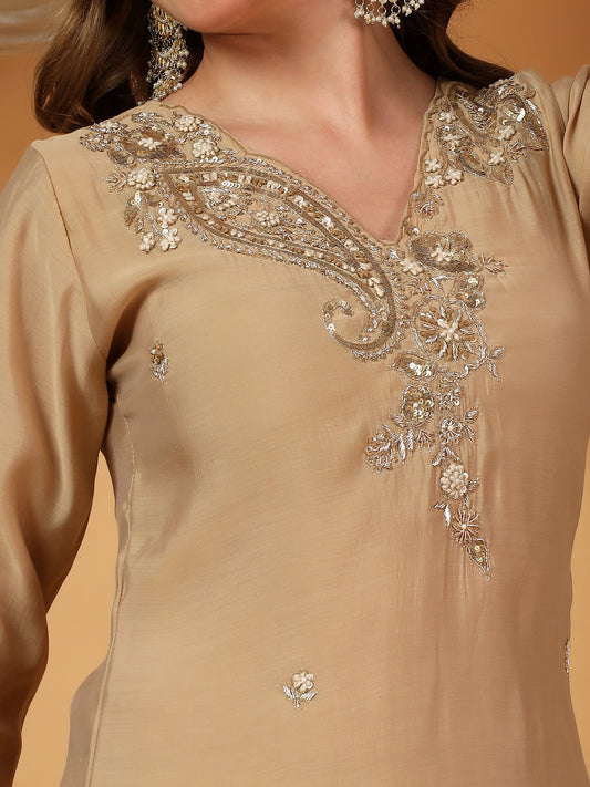Beige Designer Embroidered kurta set with pant with dupatta