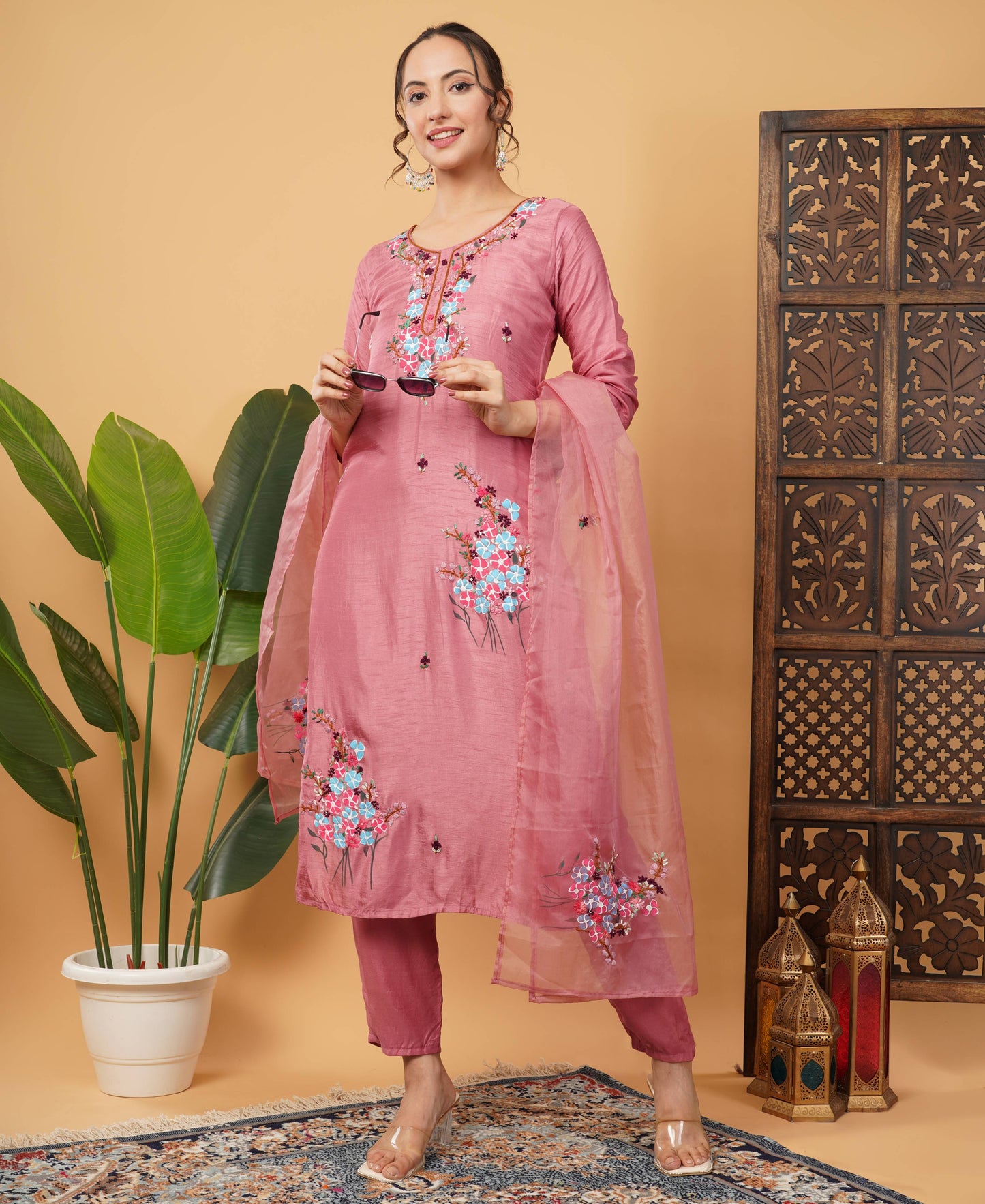 Pink Designer Embroidered Ethnic Kurta Set with Pant & Dupatta - Prisachi Official