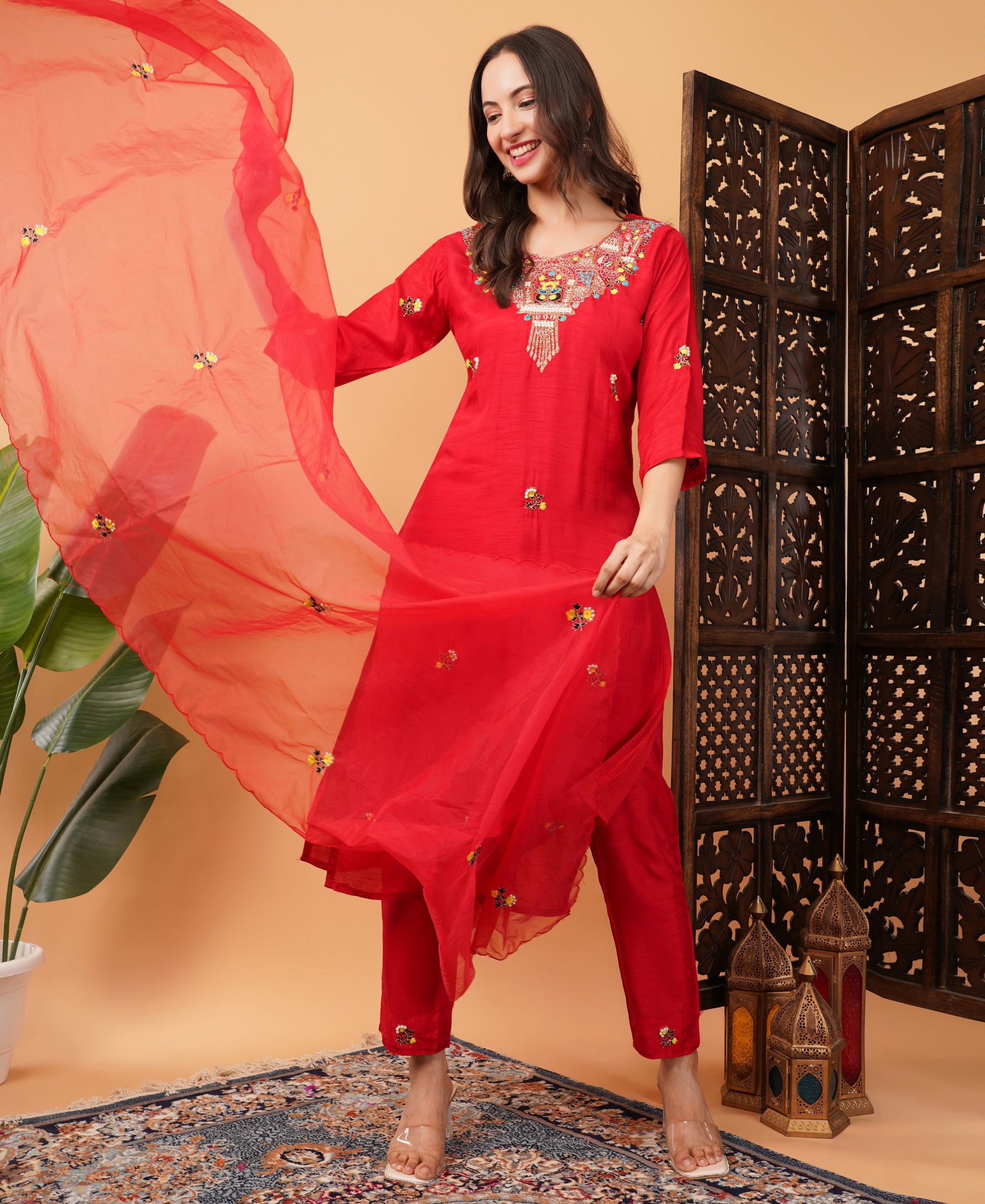 Red Designer Embroidered Ethnic Kurta Set with Pant & Dupatta - Prisachi Official