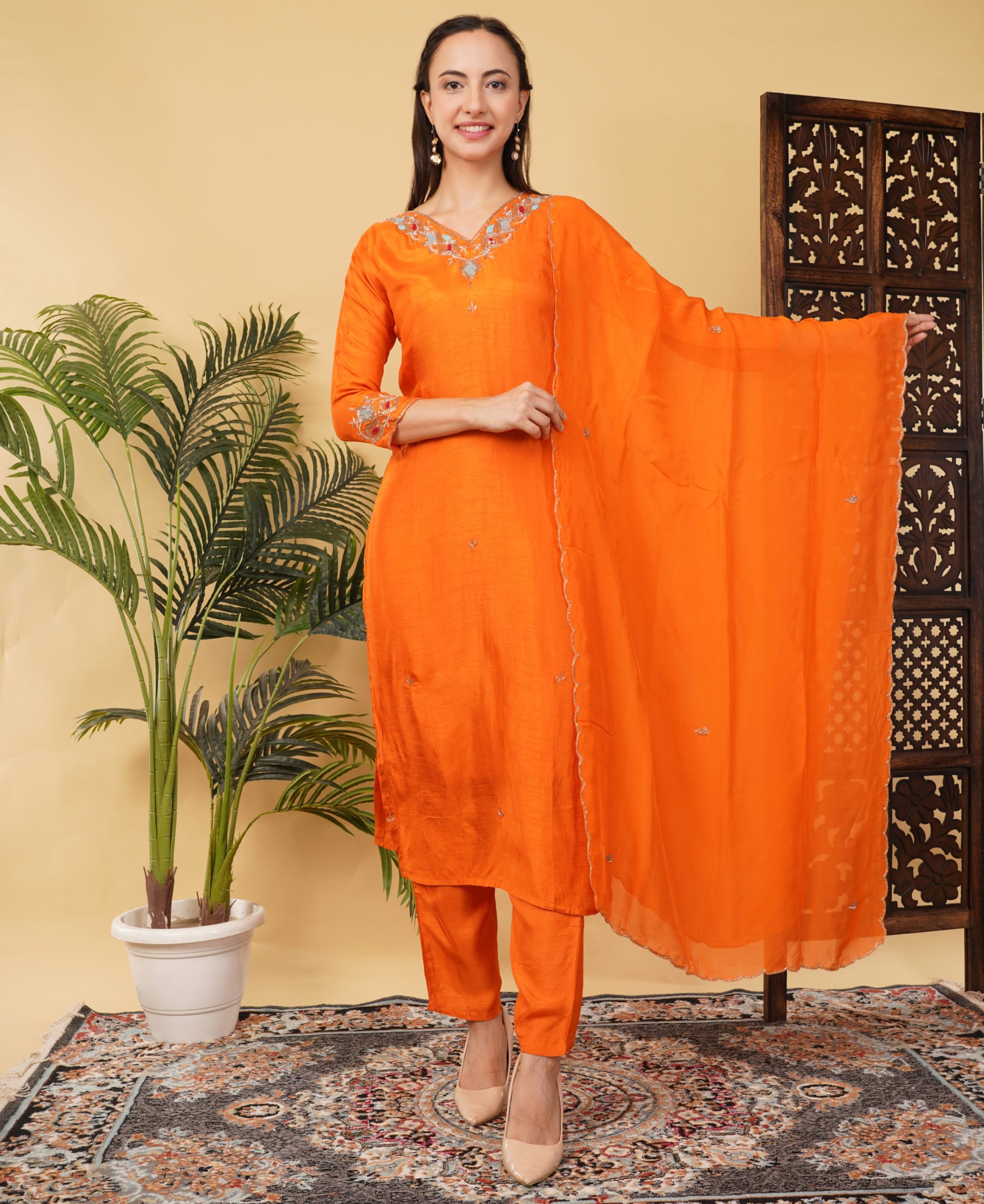 Orange Designer Embroidered Ethnic Kurta Set with Pant & Dupatta - Prisachi Official
