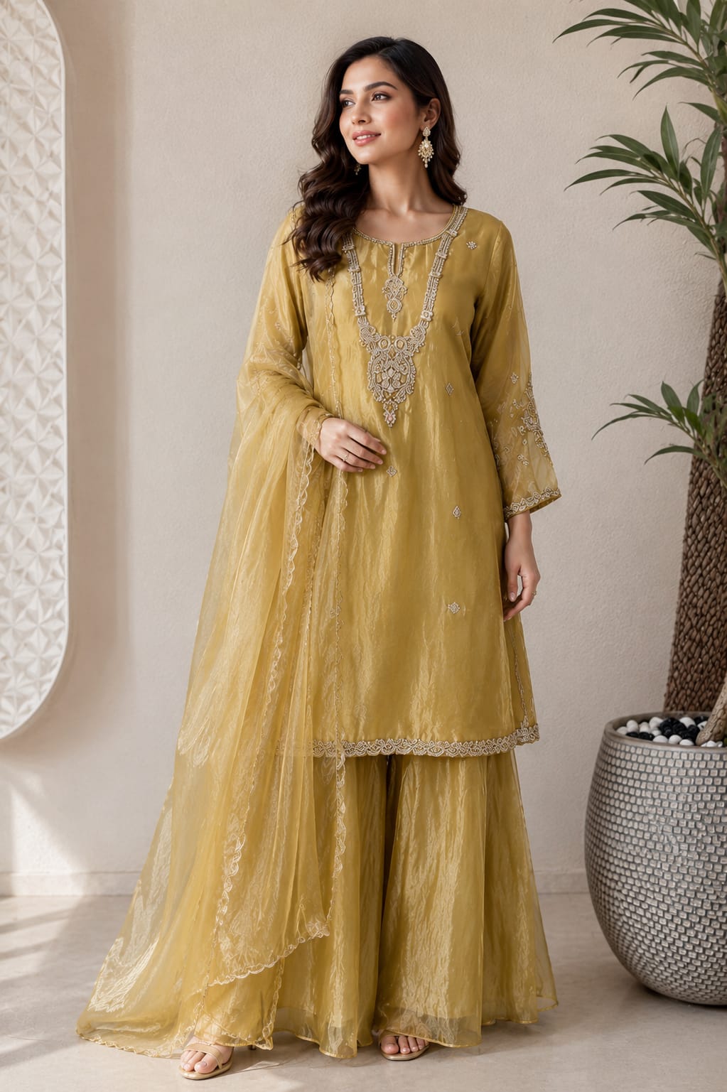 Yellow Zardozi Embroidered Ethnic Kurta Set for Women with Pants & Dupatta | Festive and Party Wear - Prisachi Official