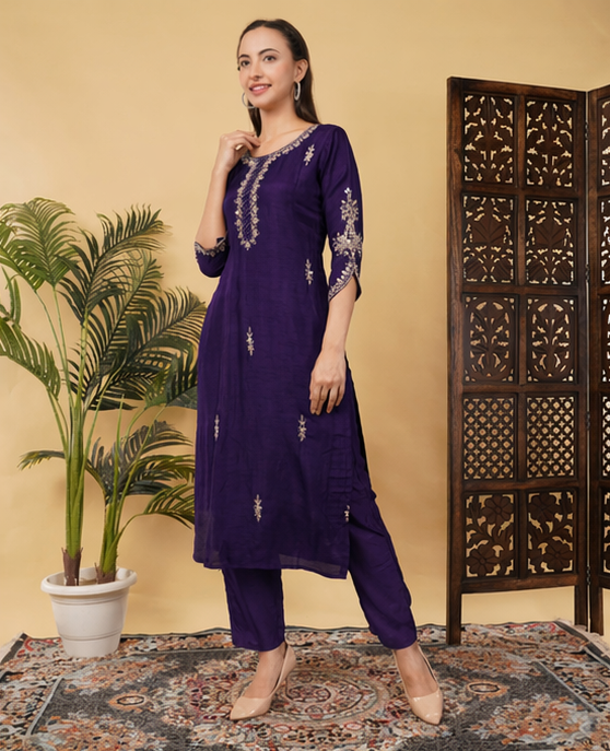 Purple Mirror Work Ethnic Embroidered Kurta Set with Dupatta & Pants - Prisachi Official