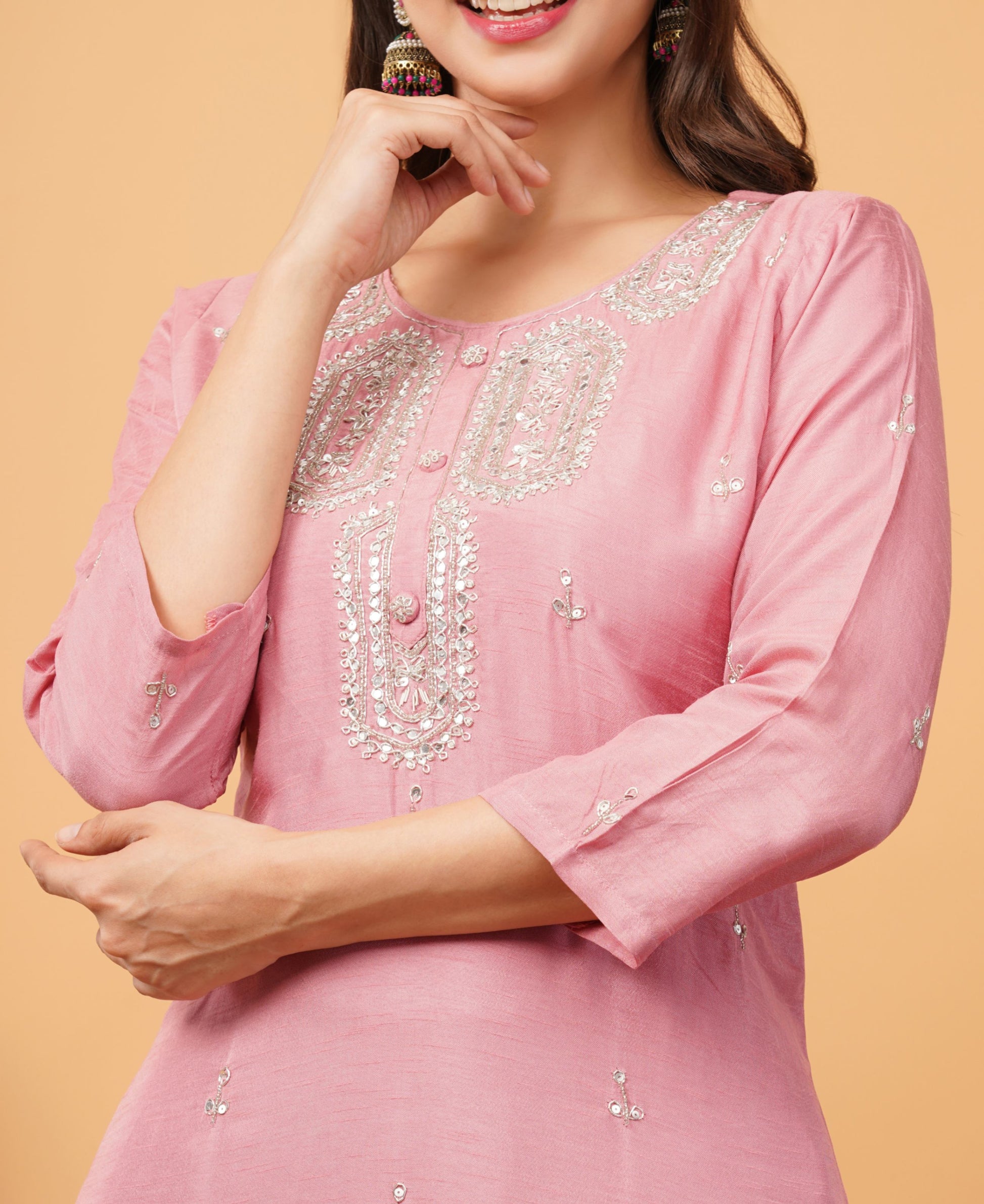 Pink embroidered kurta set with dupatta - Prisachi Official