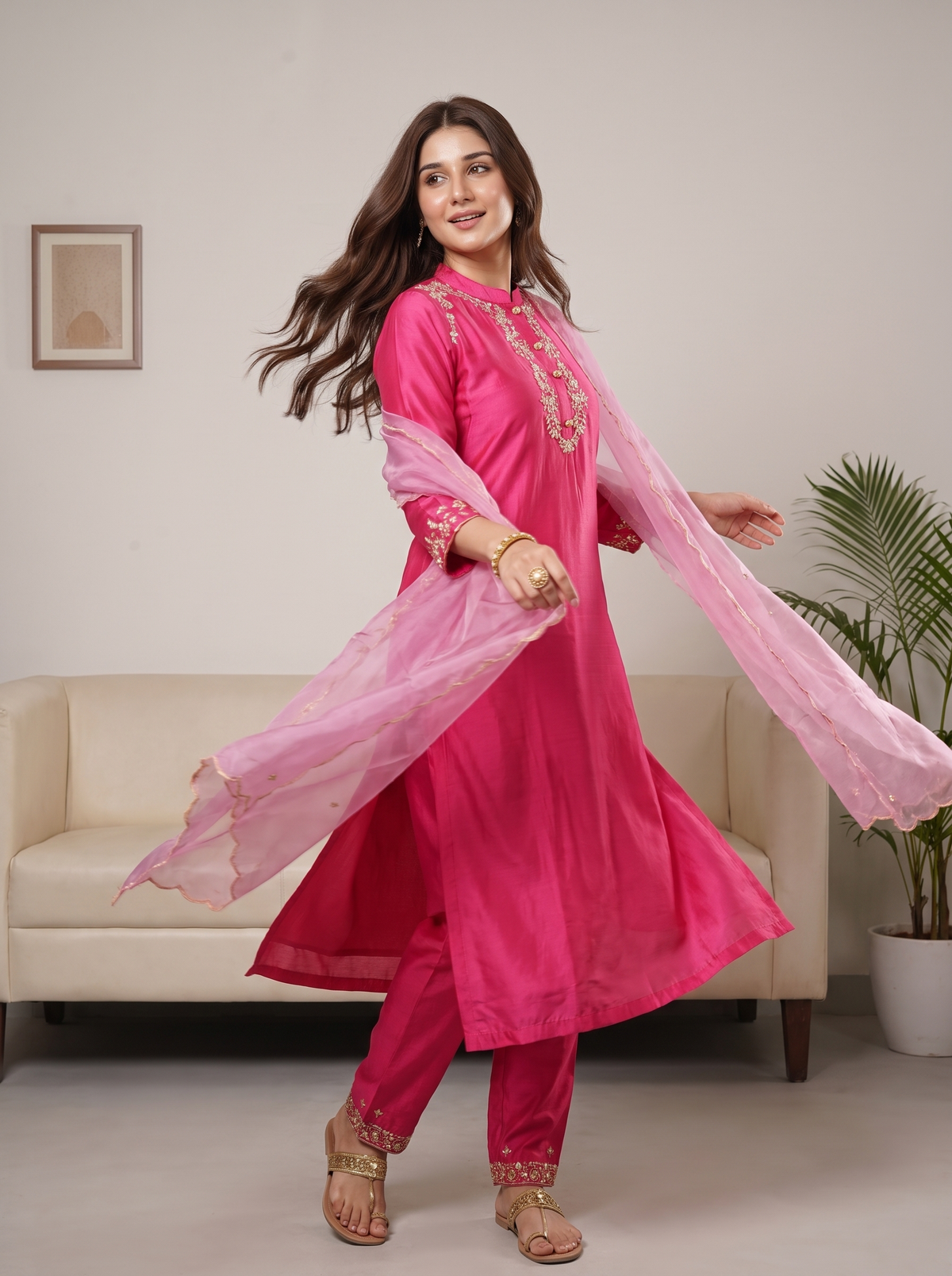 Fuchsia Pink Chanderi Silk Straight Kurta Pant & Dupatta Set with Delicate Hand Embroidery