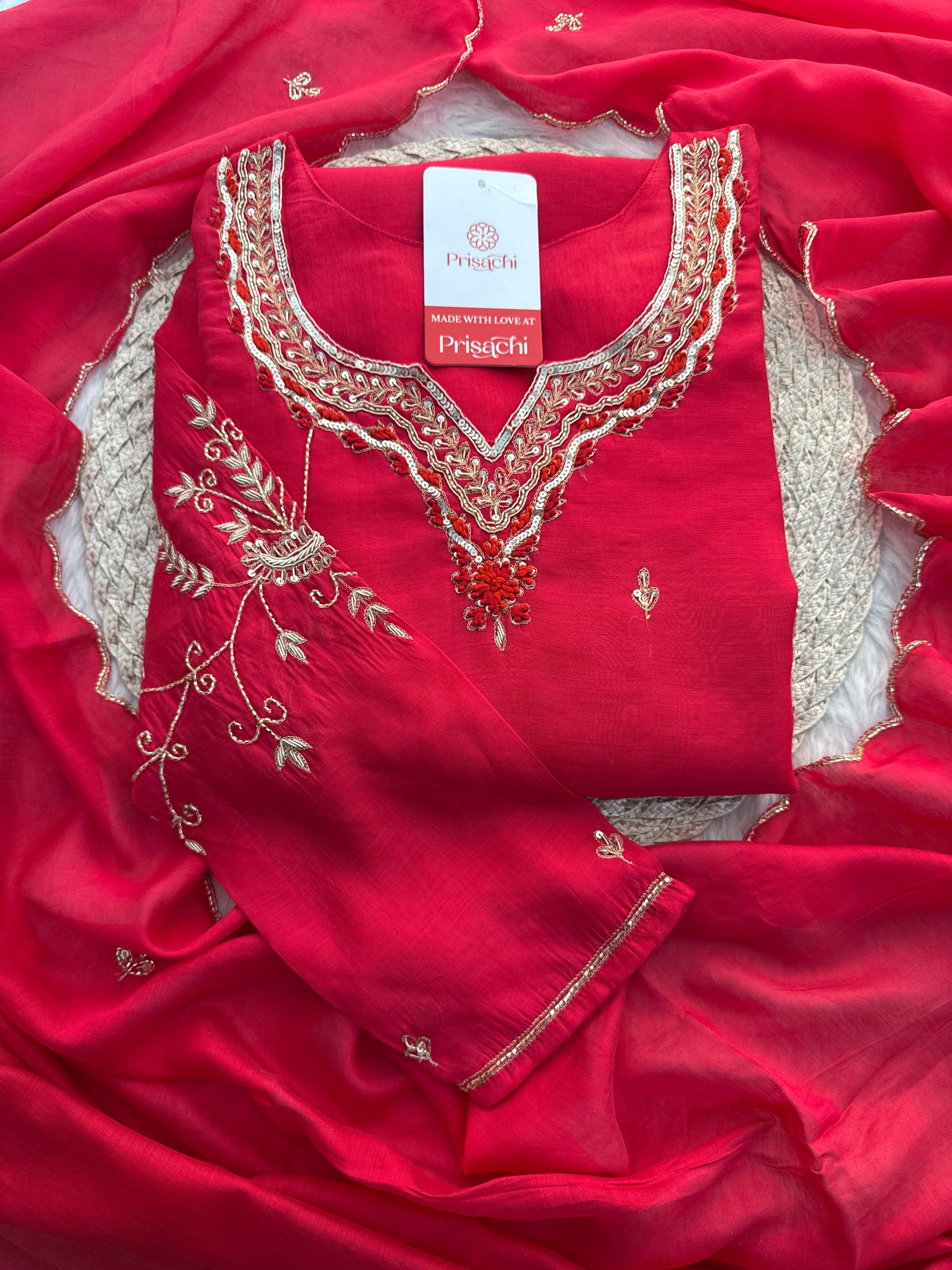 Pink Embroidered A-Line kurta set with dupatta and Pant - Prisachi Official