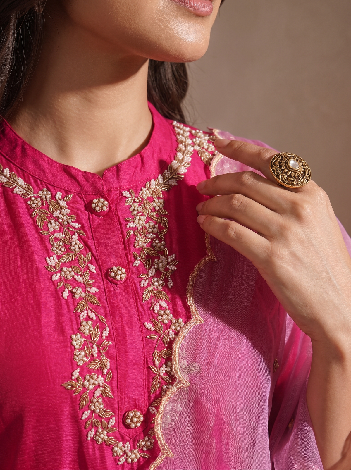 Fuchsia Pink Chanderi Silk Straight Kurta Pant & Dupatta Set with Delicate Hand Embroidery