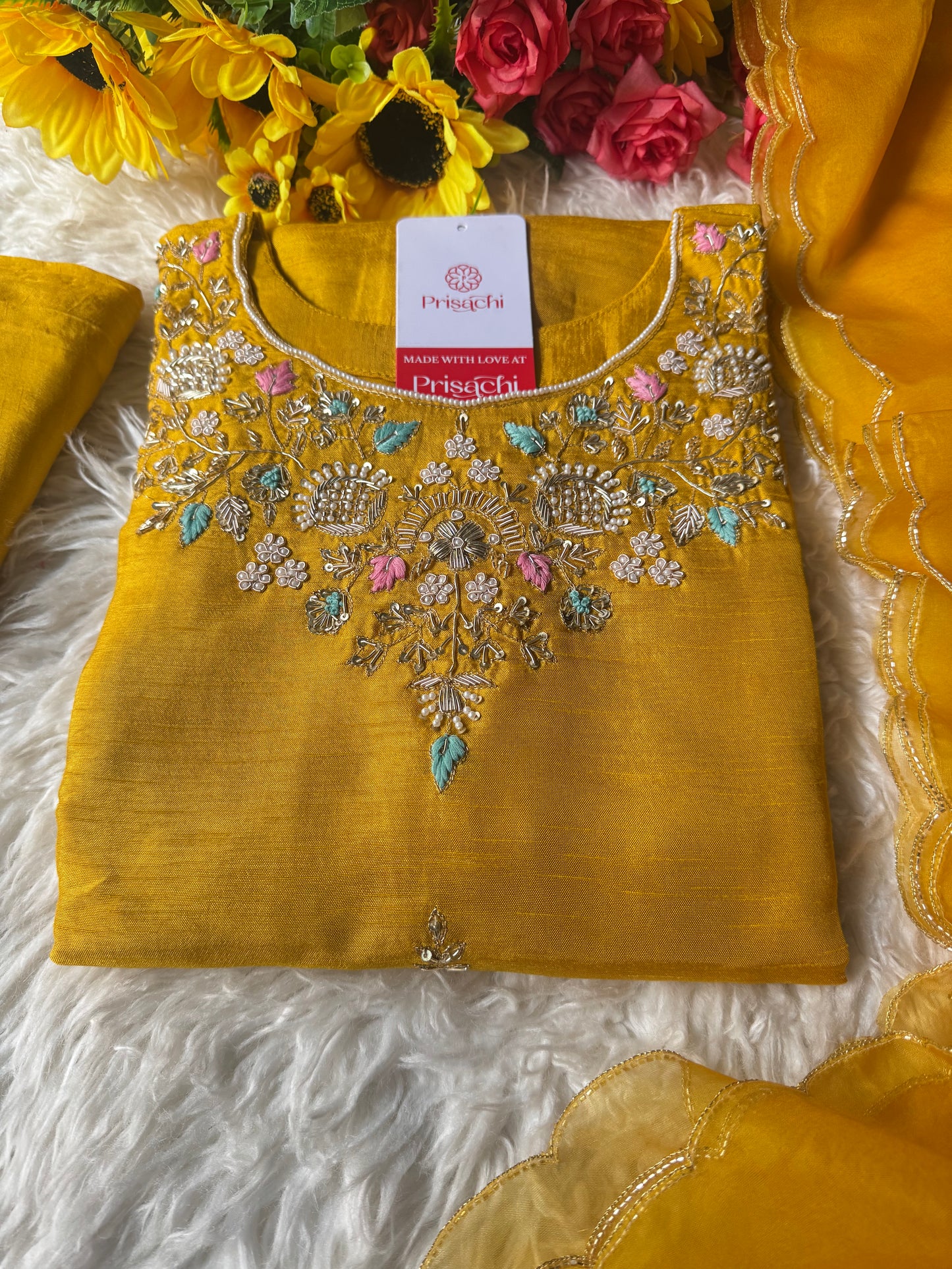 Yellow Embroidered kurta set with dupatta
