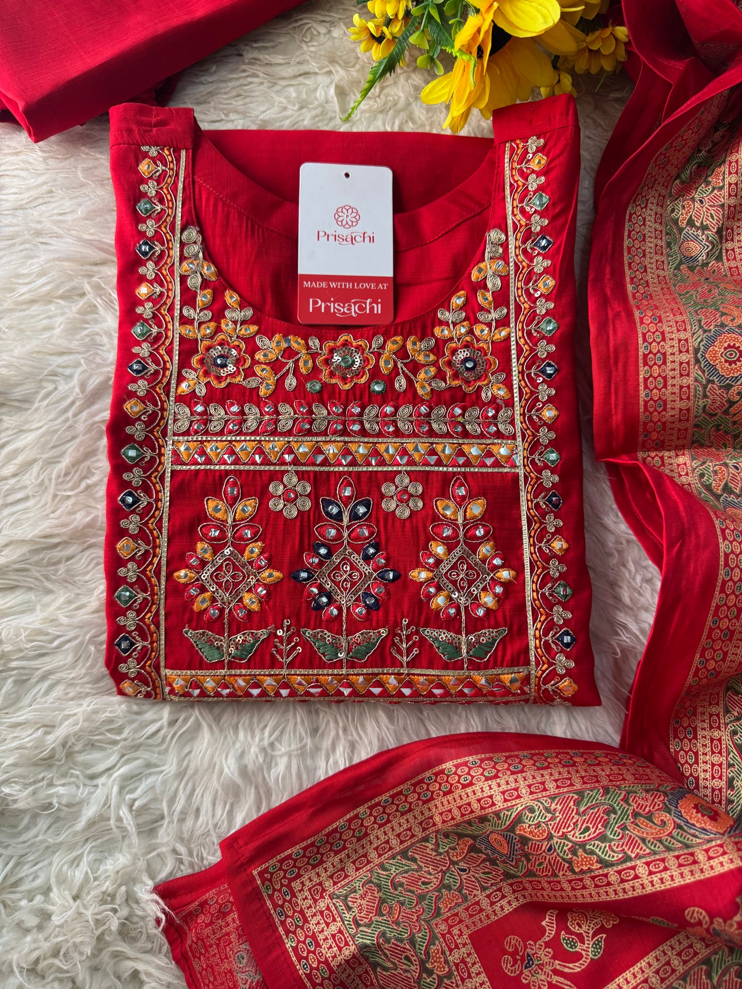 Red embroidered kurta set with dupatta