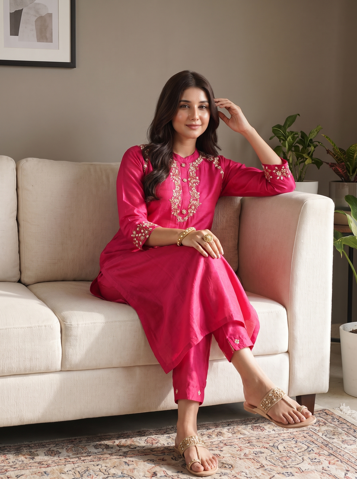Fuchsia Pink Chanderi Silk Straight Kurta Pant & Dupatta Set with Delicate Hand Embroidery