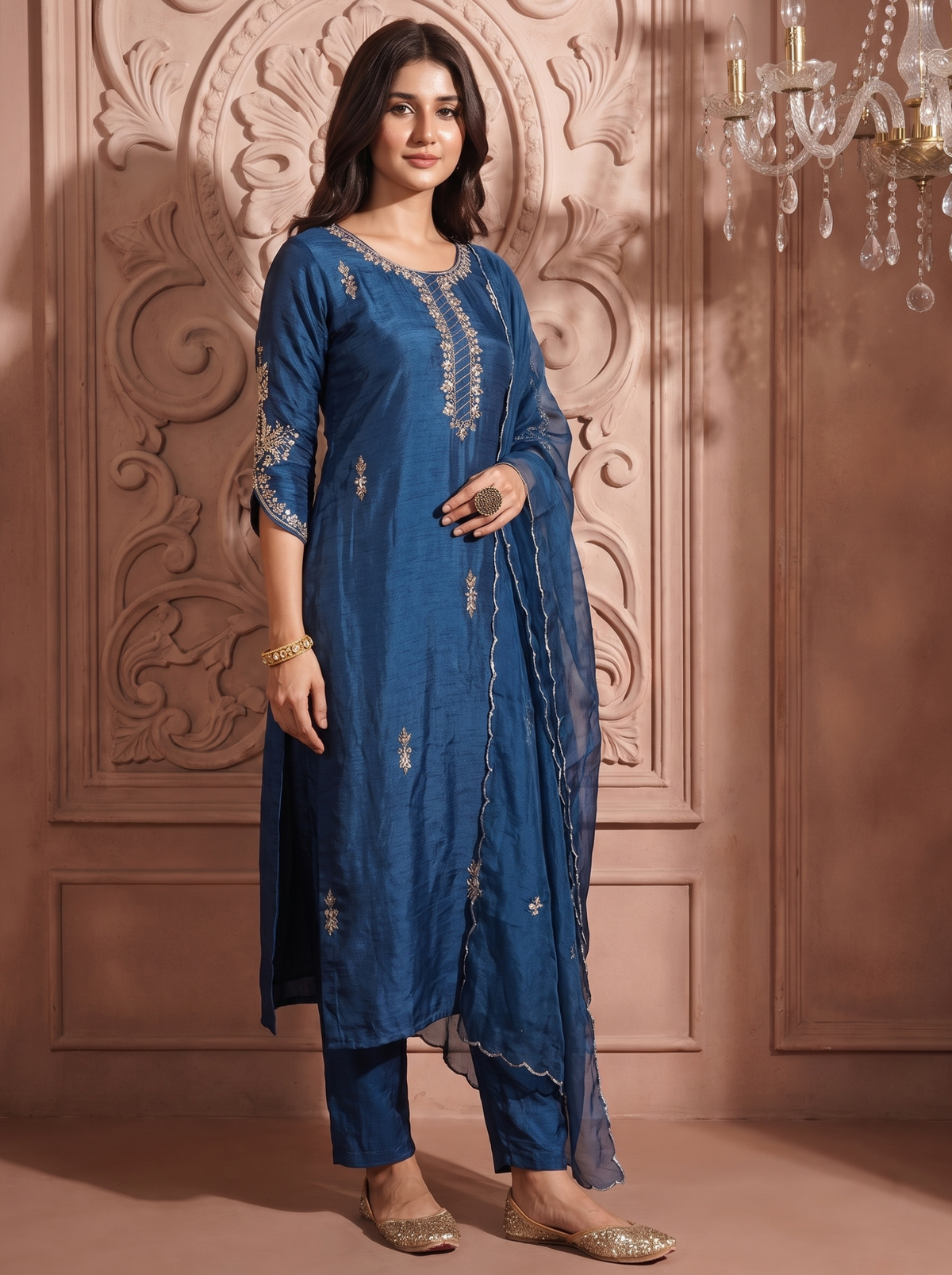 Indigo Blue Embroidered Straight Kurta Pant Set with a matching Organza Dupatta.