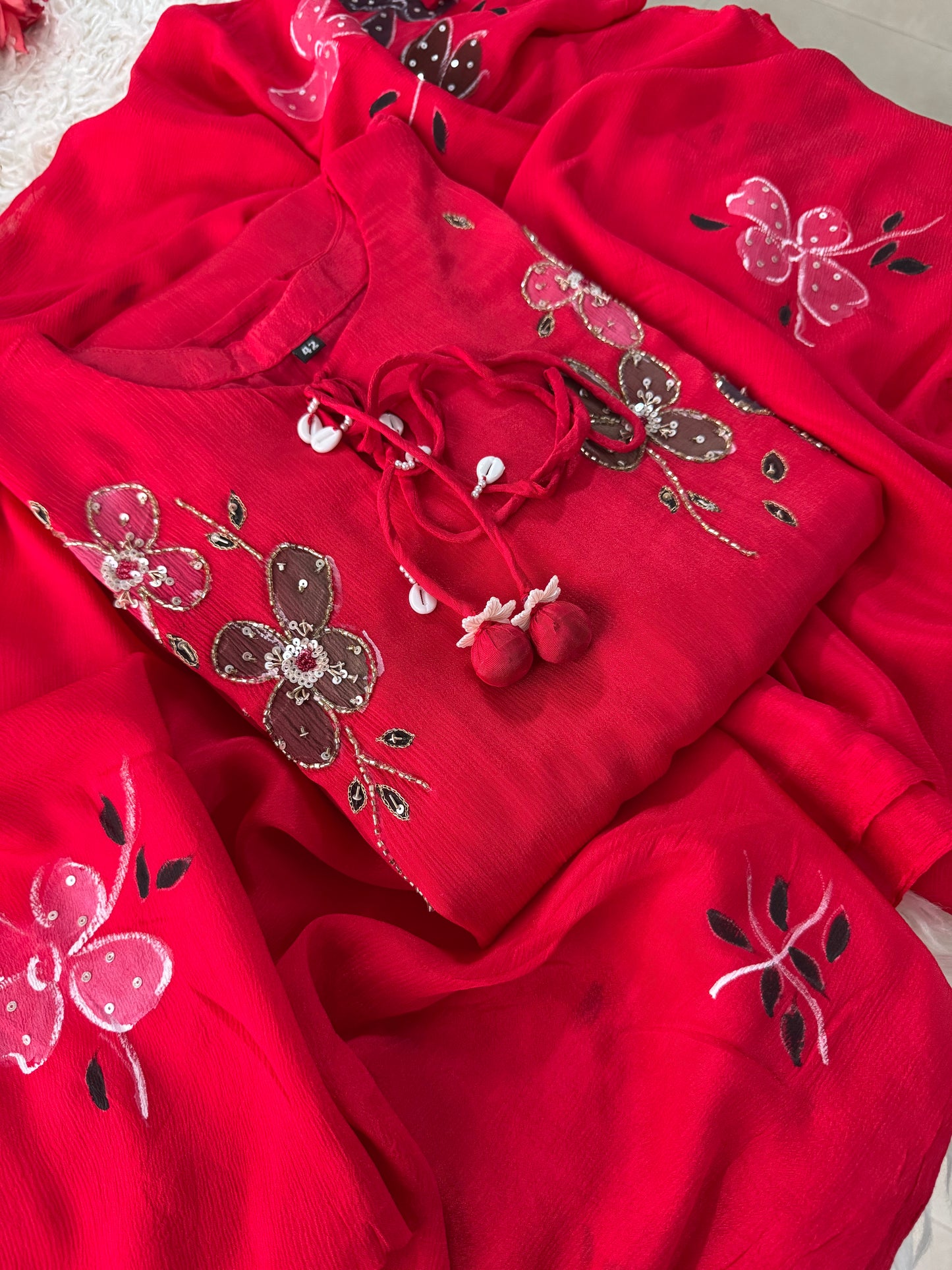 Green hand embroidered A Line kurta pant with dupatta