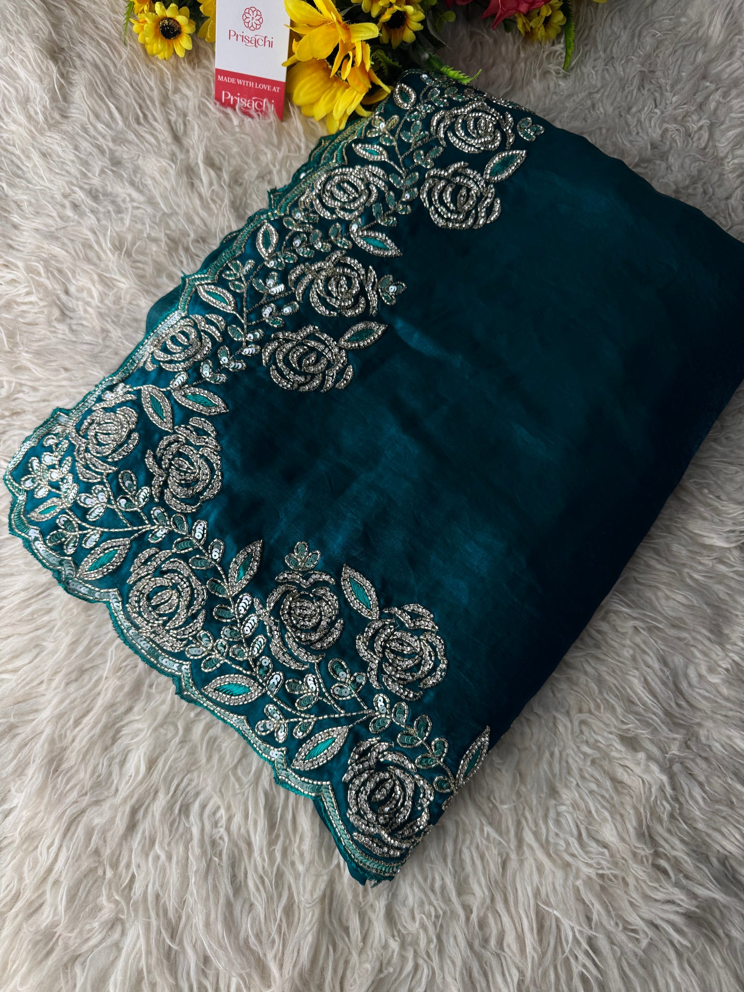 Prisachi Sea Green Designer Saree with Unstitched Blouse