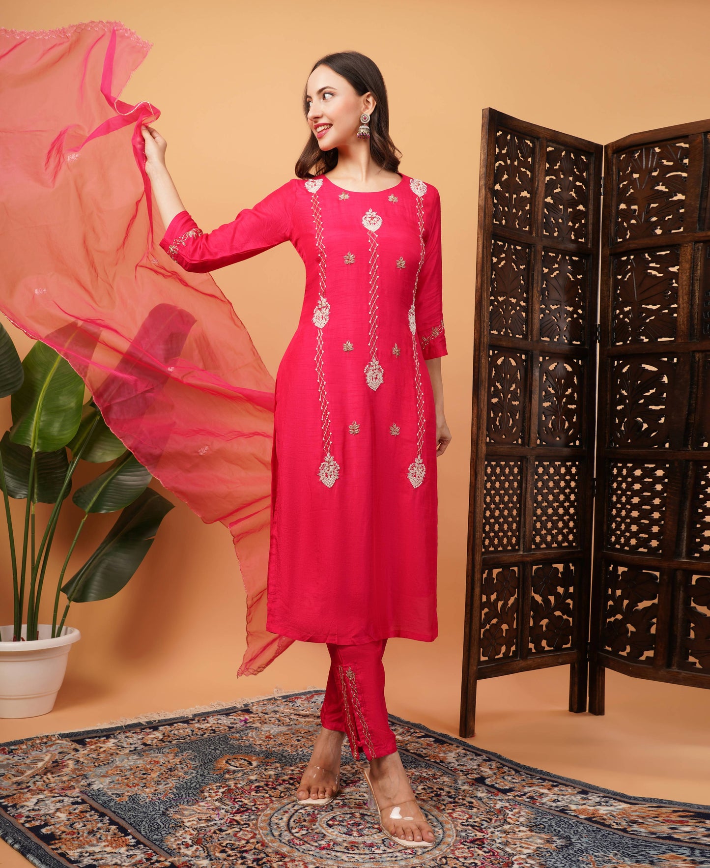Pink Designer Embroidered kurta set with dupatta