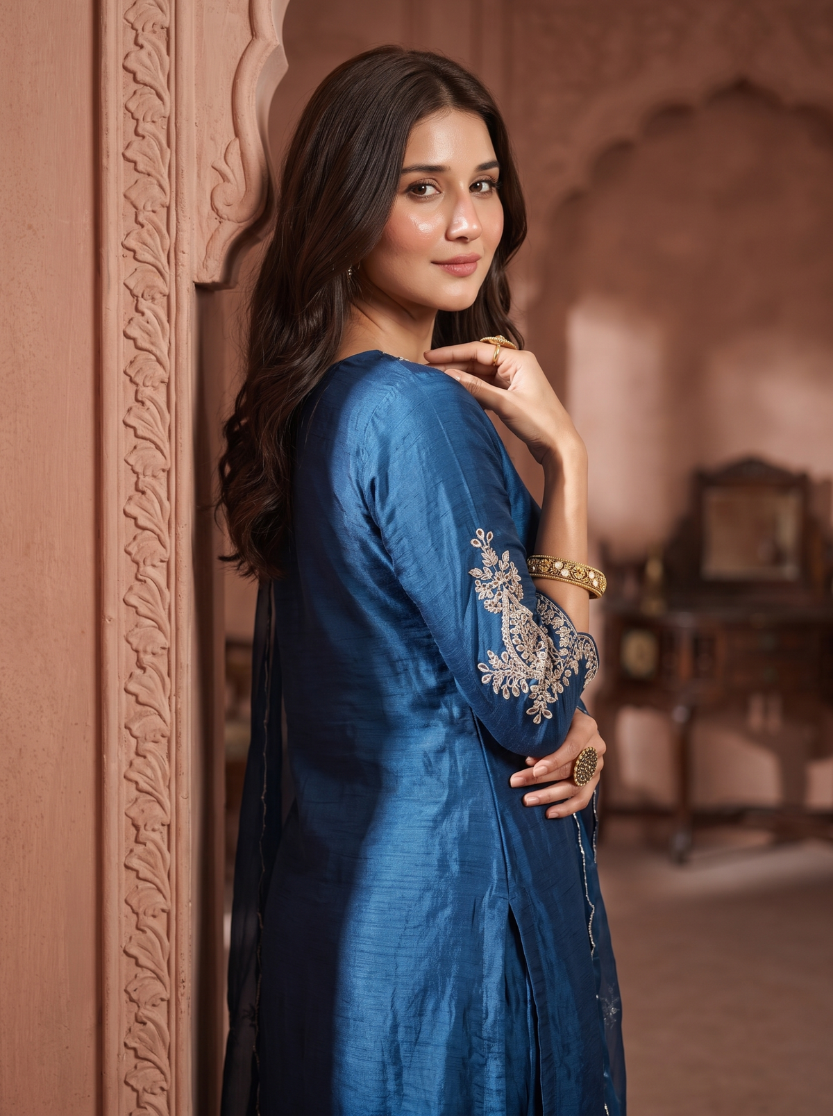 Indigo Blue Embroidered Straight Kurta Pant Set with a matching Organza Dupatta.