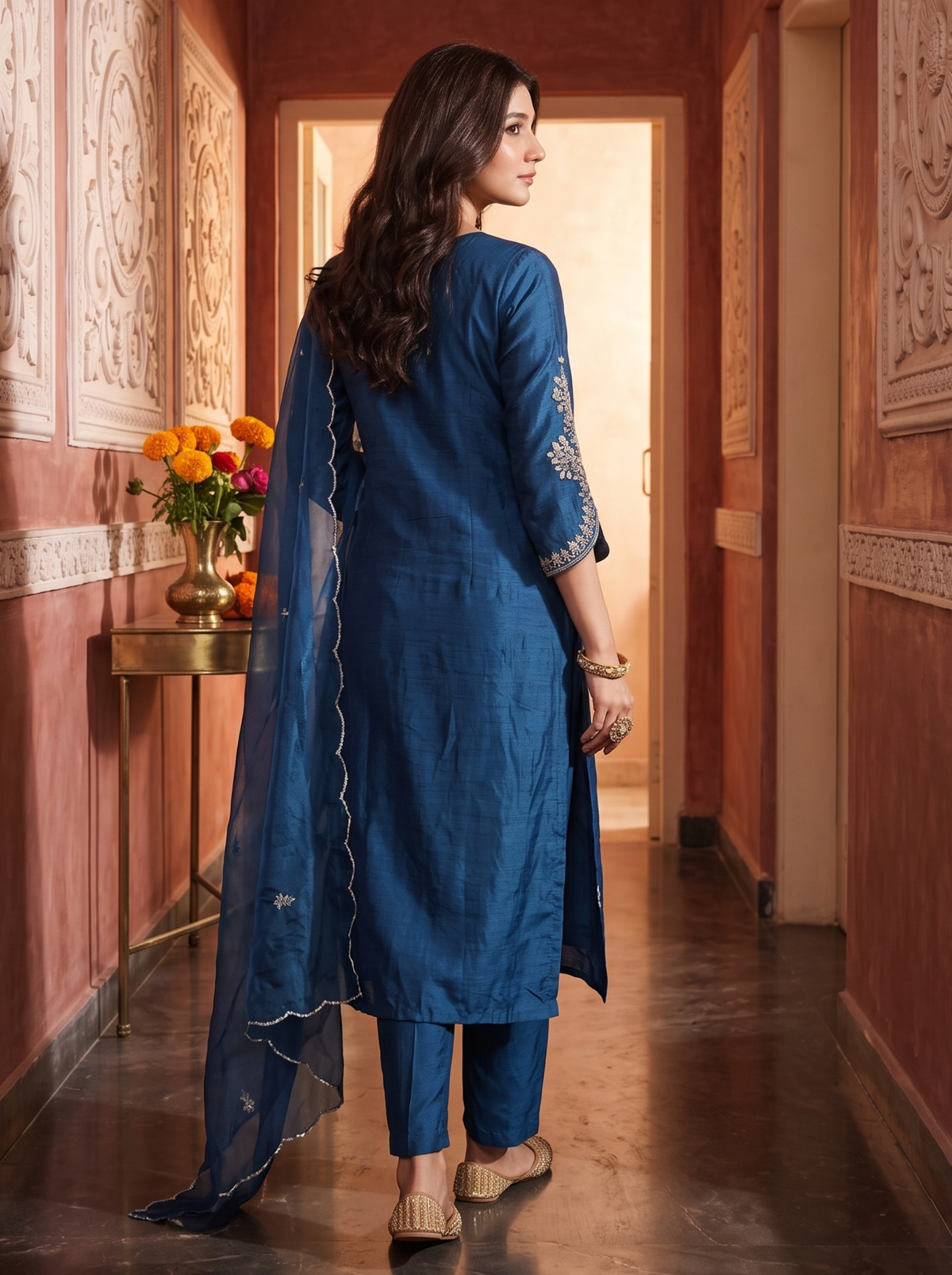 Indigo Blue Embroidered Straight Kurta Pant Set with a matching Organza Dupatta.