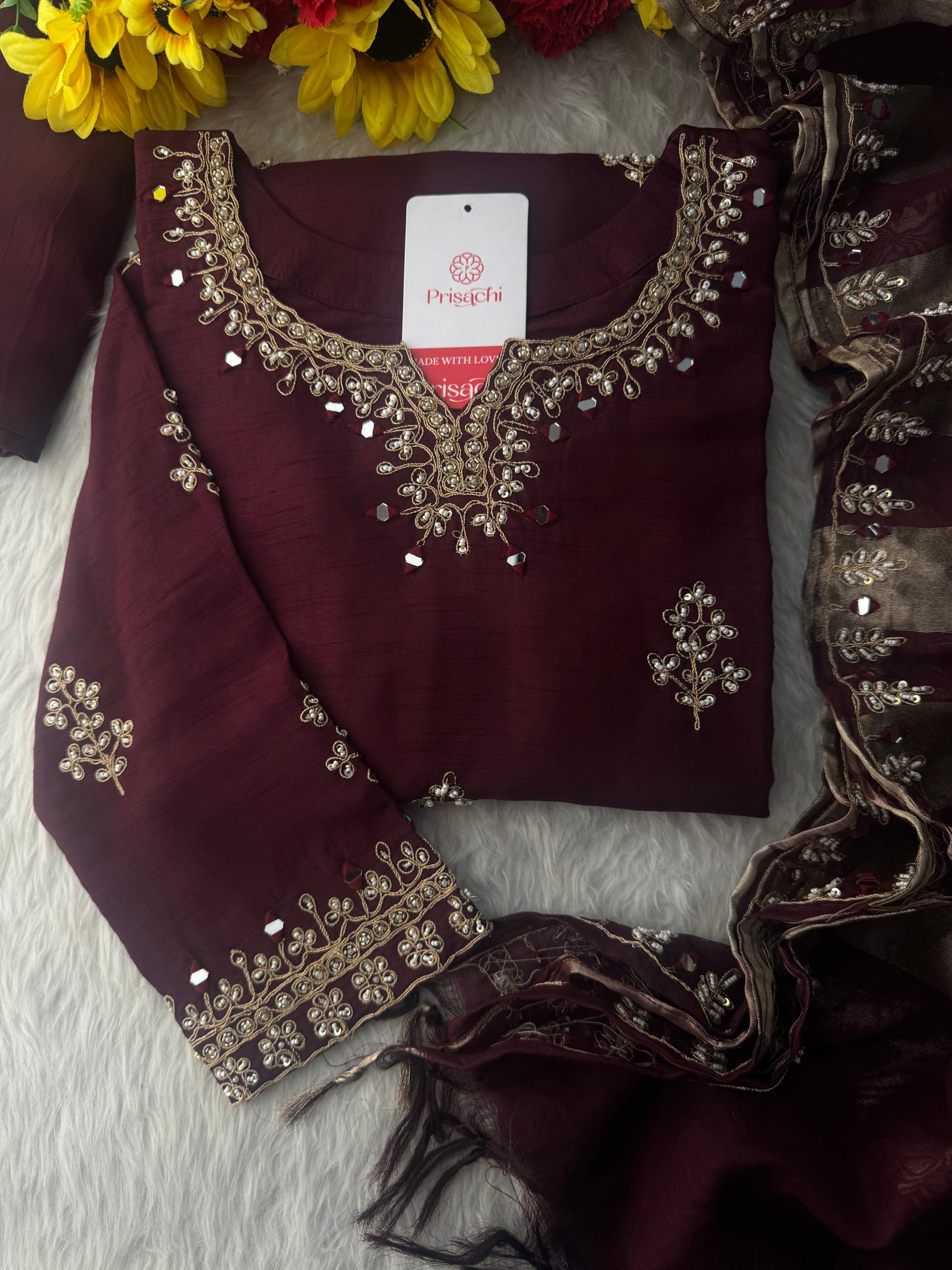 Brown hand embroidered kurta pant with dupatta - Prisachi Official
