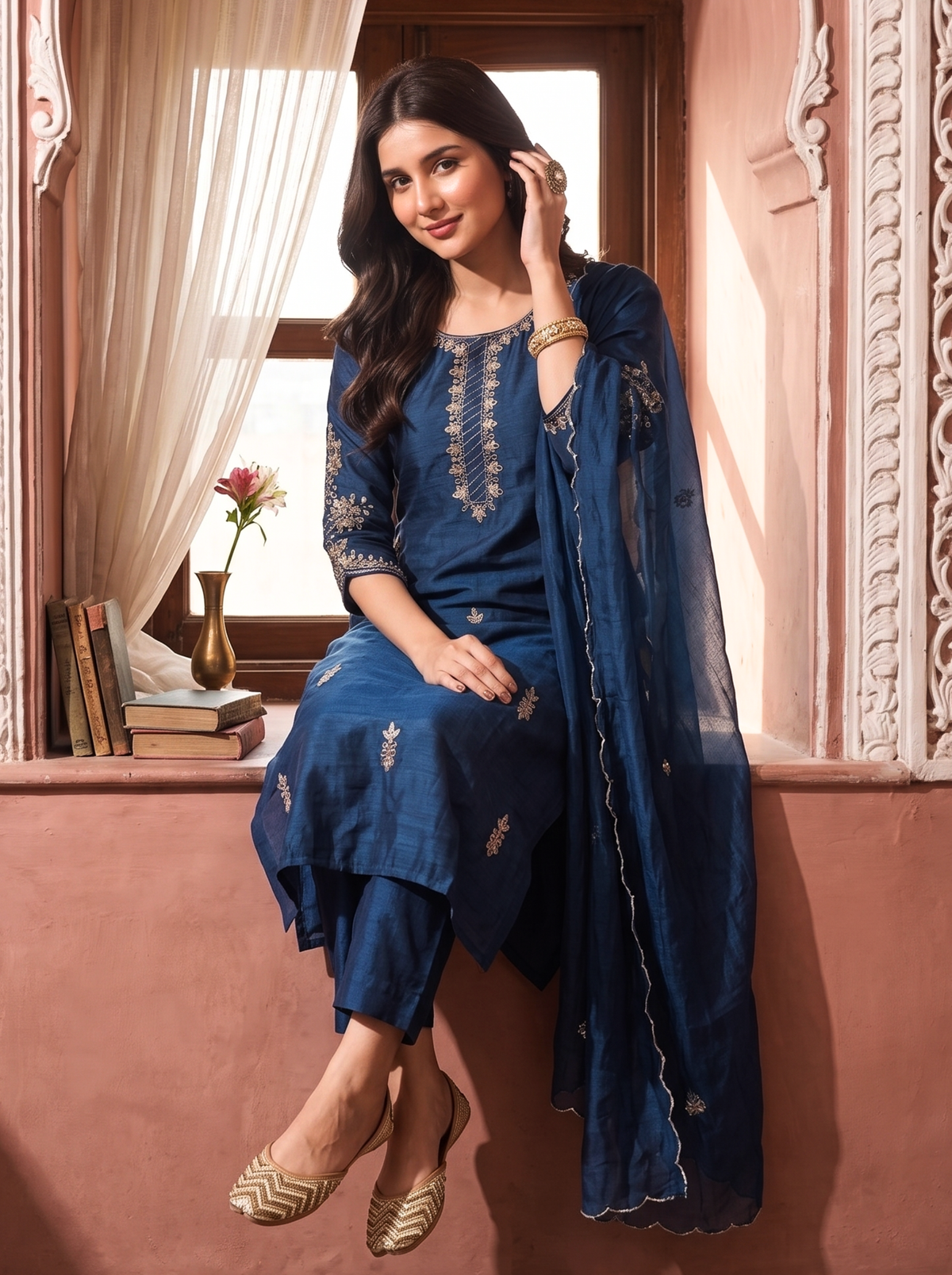 Indigo Blue Embroidered Straight Kurta Pant Set with a matching Organza Dupatta.
