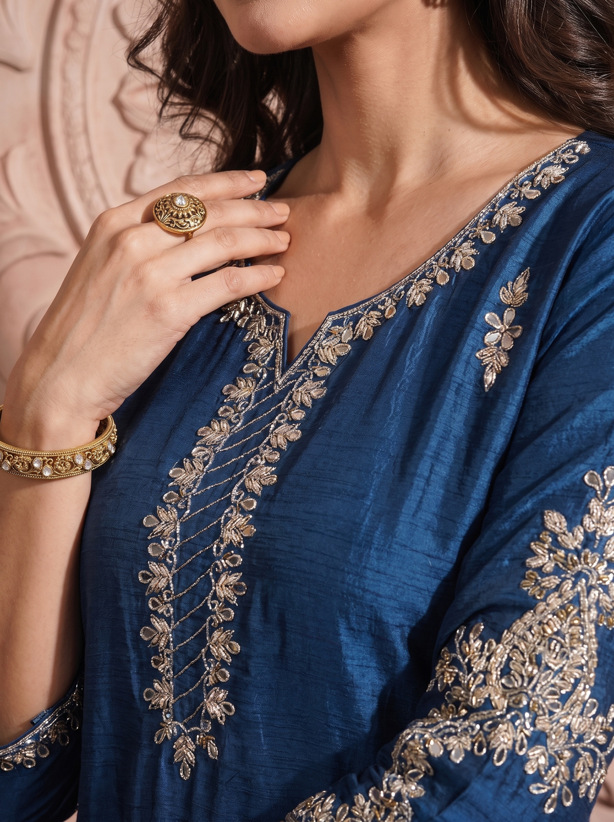 Indigo Blue Embroidered Straight Kurta Pant Set with a matching Organza Dupatta.