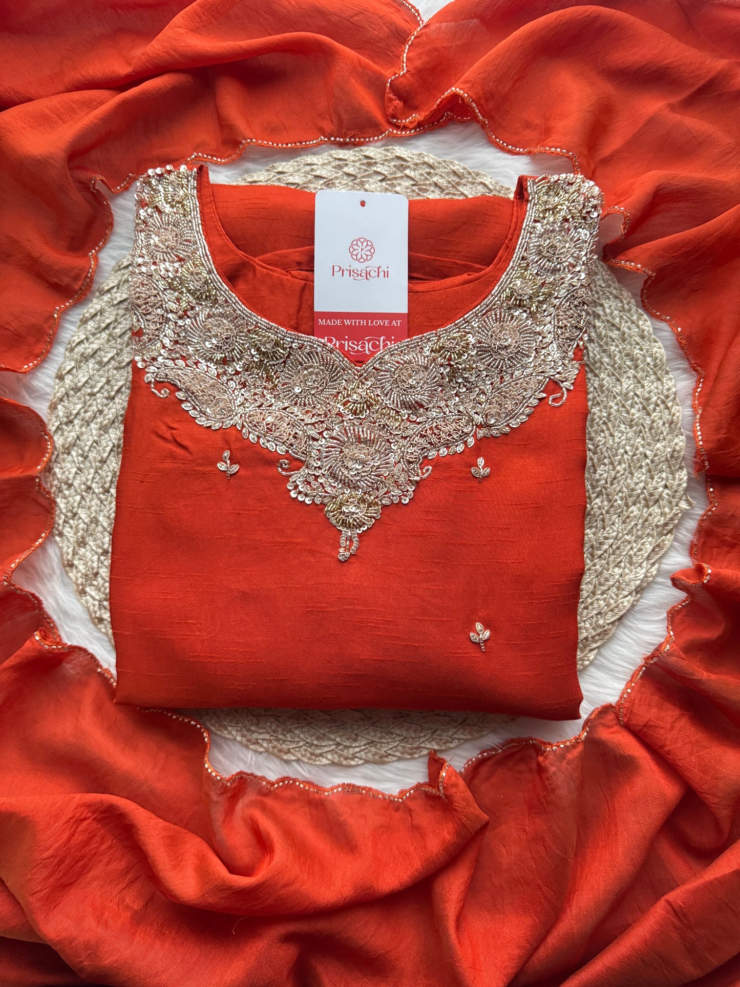 Red Embroidered kurta Pant with dupatta - Prisachi Official