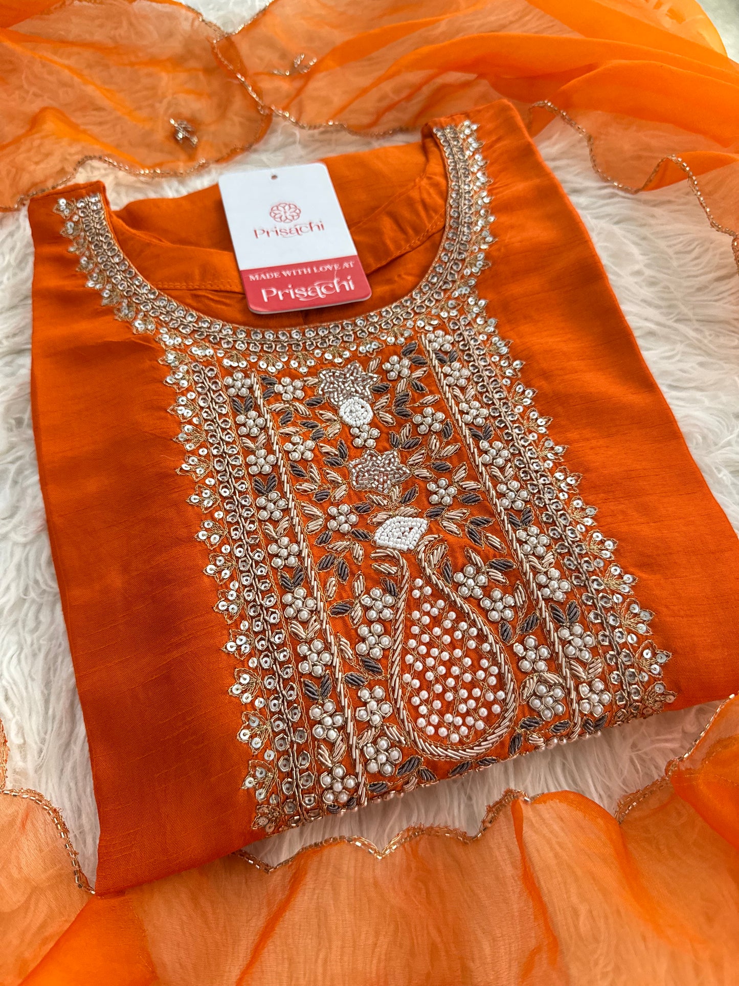 Orange  Designer embroidered kurta set with dupatta