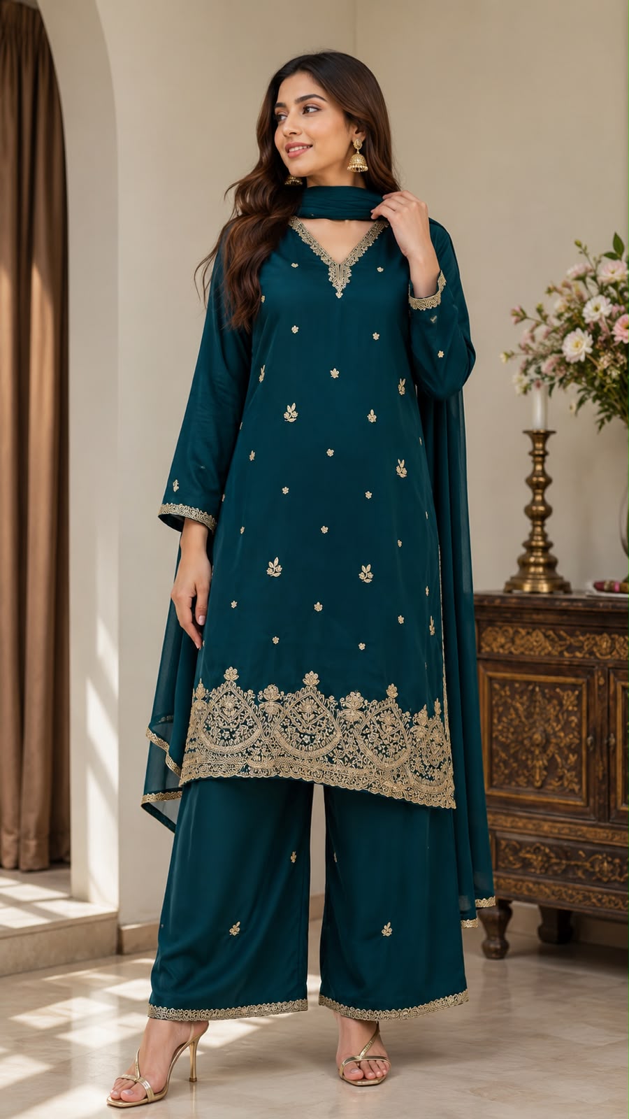Peacock Green Zardozi Embroidered Kurta Set for Women with Pants & Dupatta | Traditional Ethnic wear