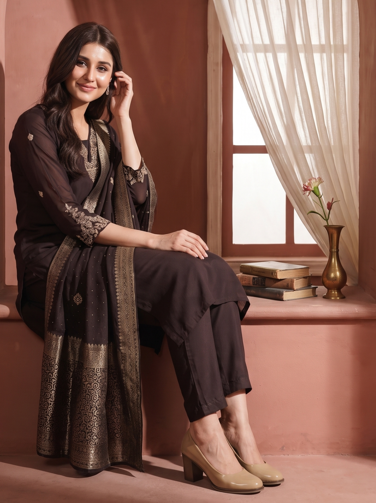 Brown Zardozi Embroidered Kurta Set with Banarasi Dupatta & Pants | Designer Festive Ethnic Suit