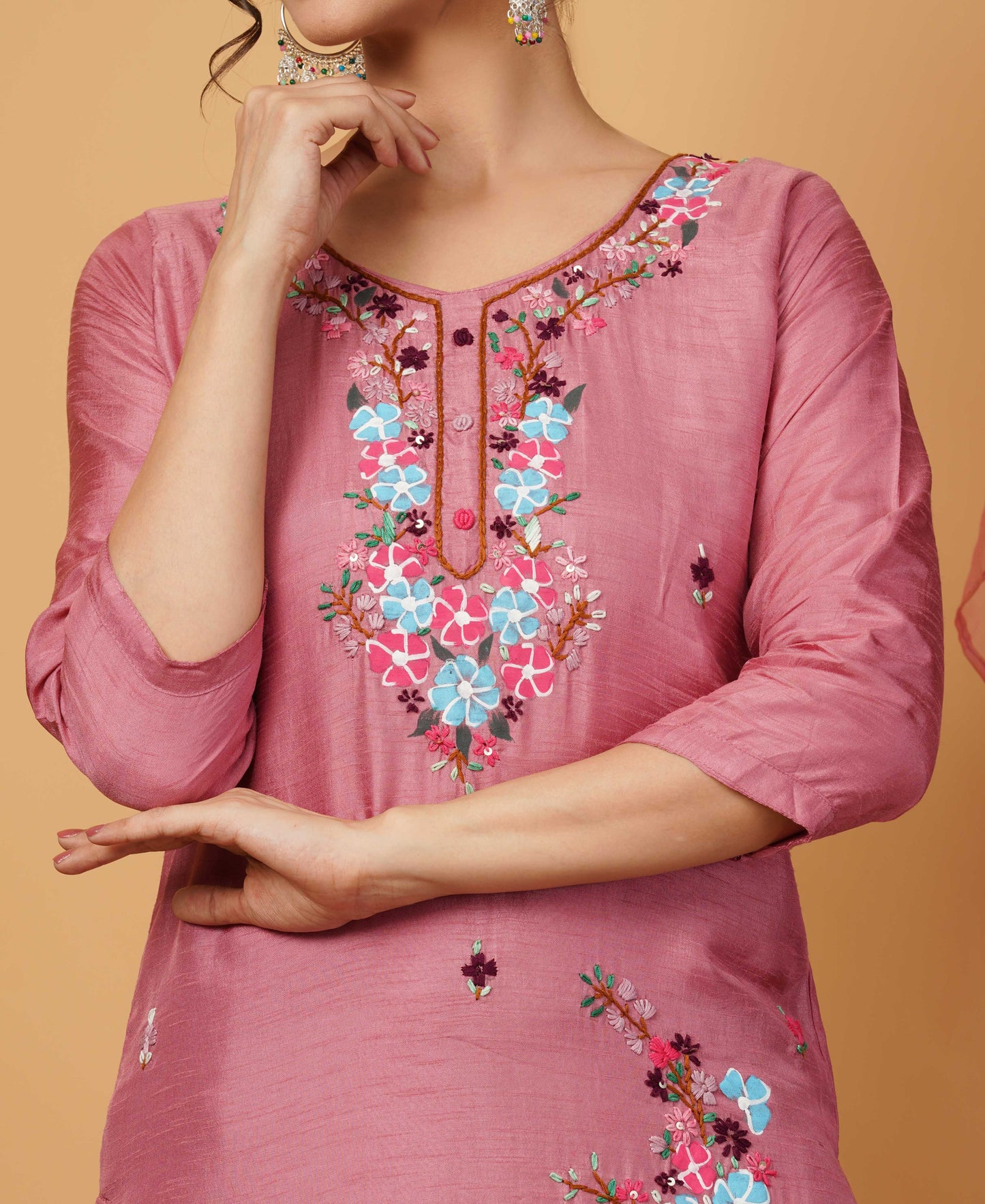Pink Designer Embroidered Ethnic Kurta Set with Pant & Dupatta - Prisachi Official