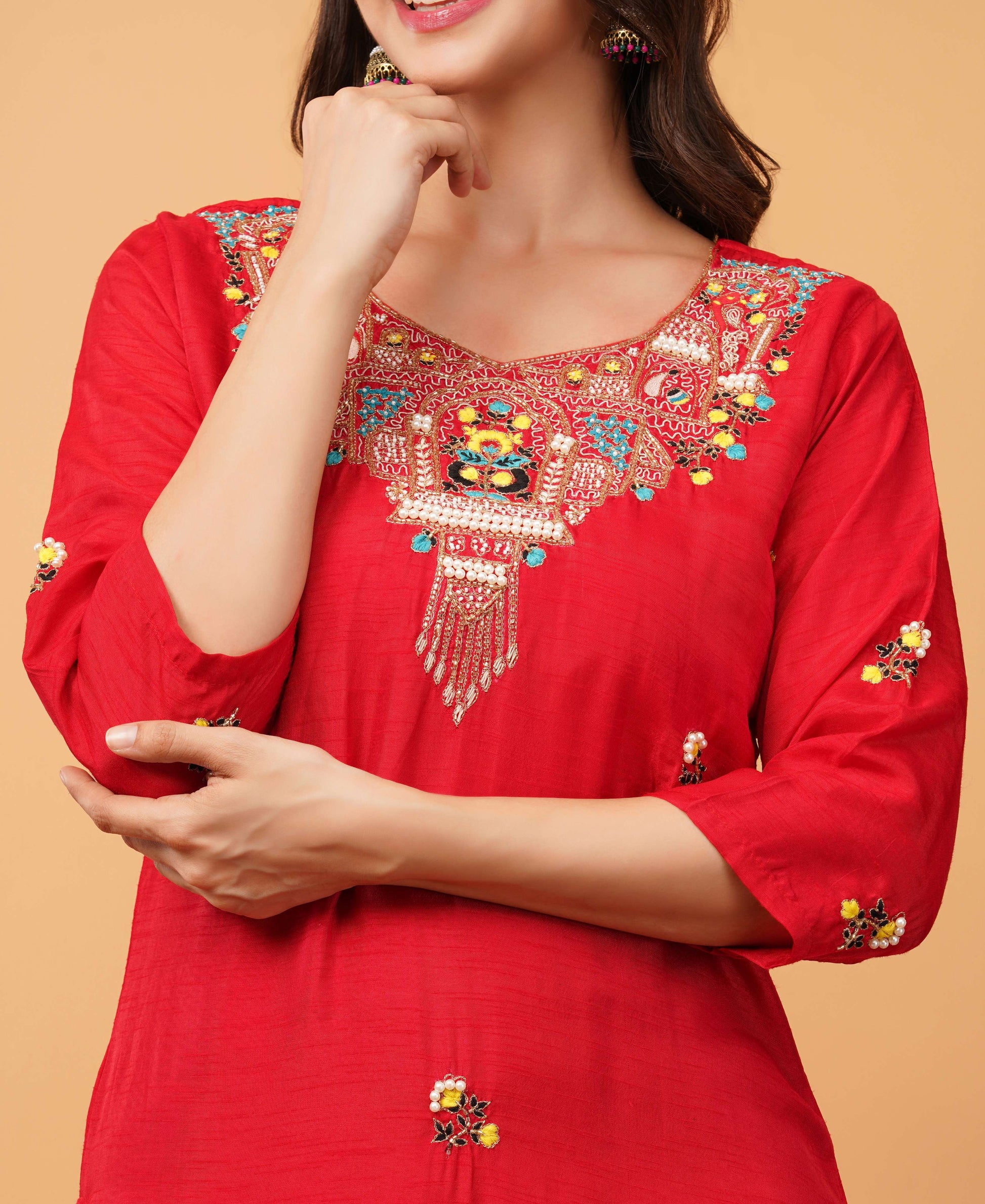 Red Designer Embroidered Ethnic Kurta Set with Pant & Dupatta - Prisachi Official
