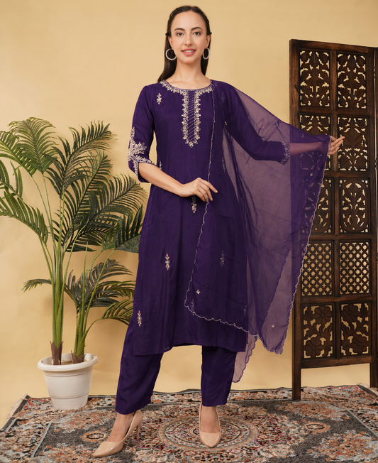 Purple Mirror Work Ethnic Embroidered Kurta Set with Dupatta & Pants