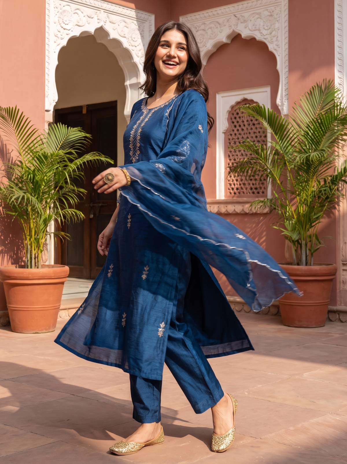 Indigo Blue Embroidered Straight Kurta Pant Set with a matching Organza Dupatta.