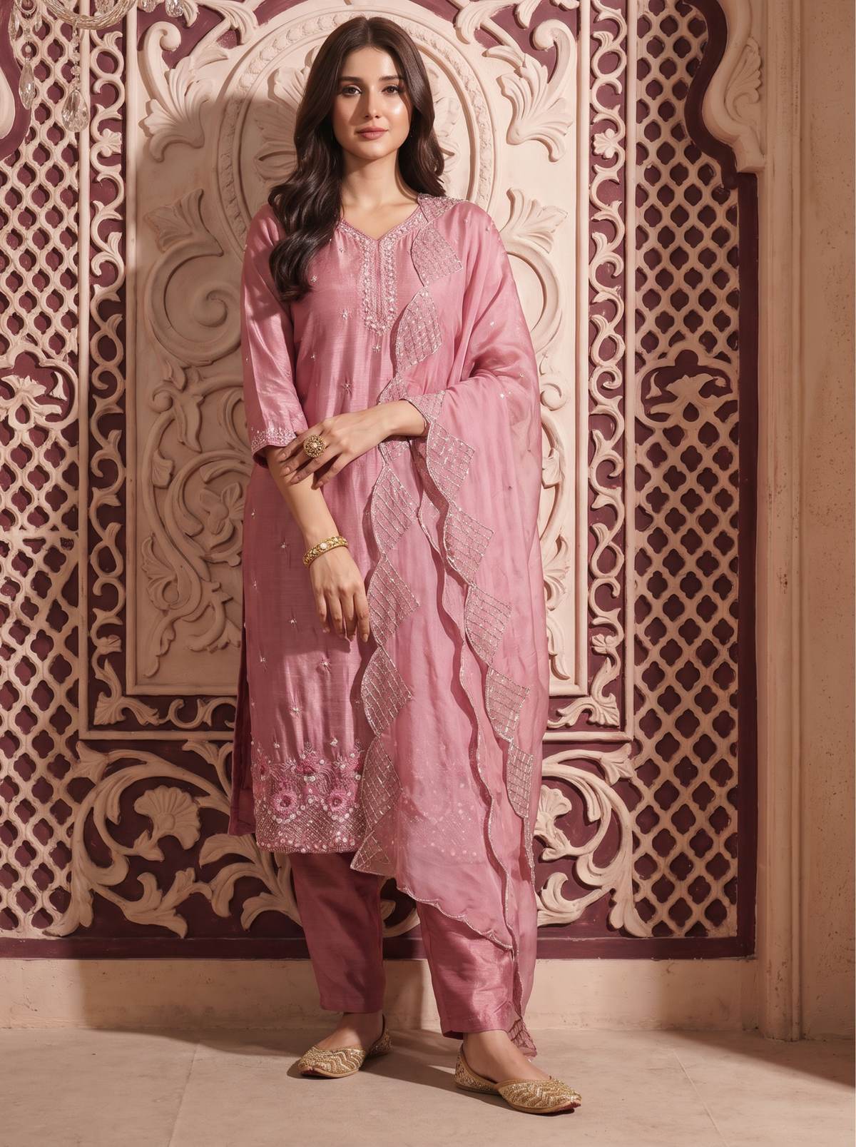 Onion Pink Embroidered Straight Kurta Pant Set with a Scalloped Dupatta.