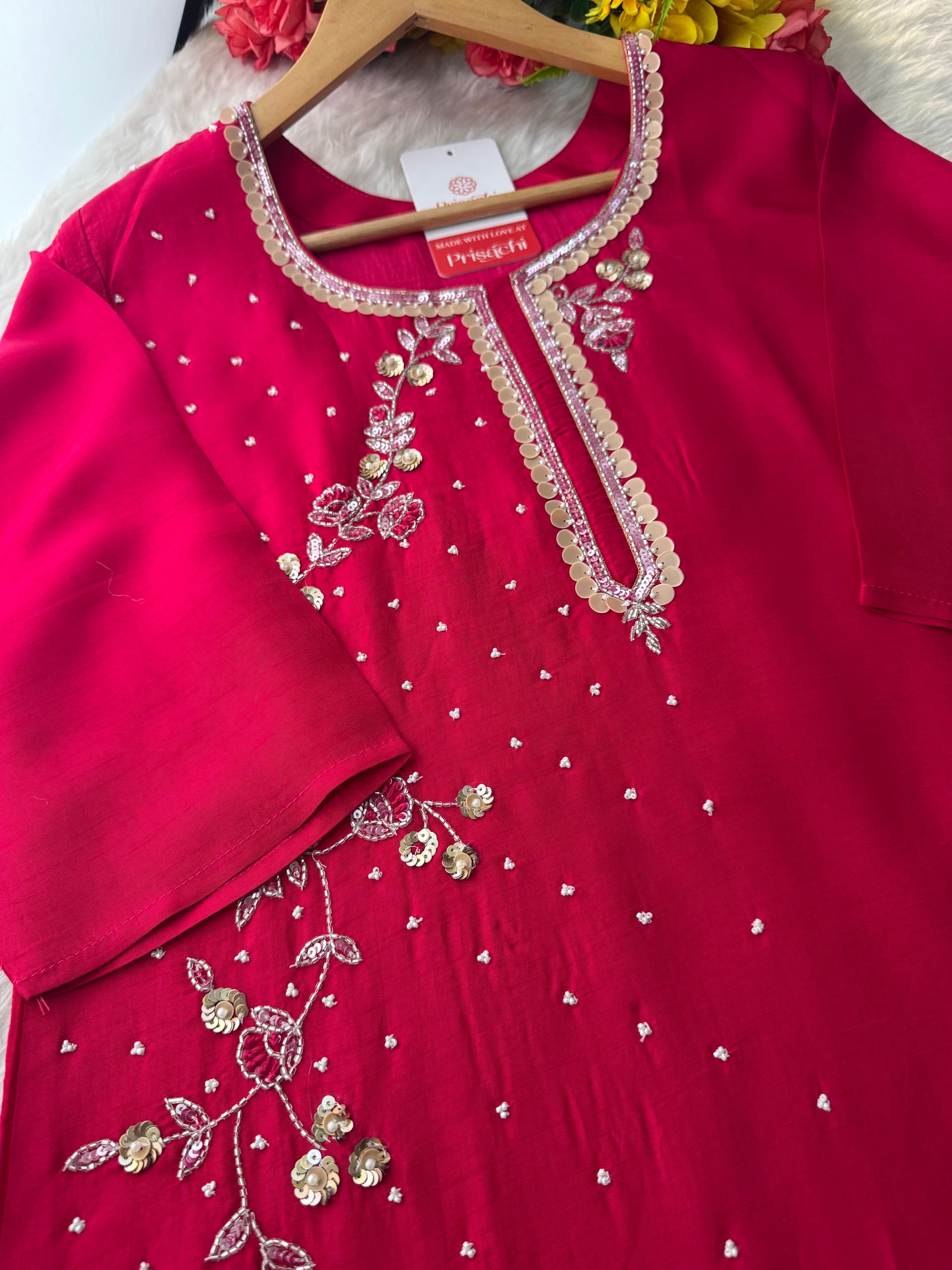 Pink Designer Embroidered Ethnic Kurta Set with Pants & Floral Dupatta - Prisachi Official