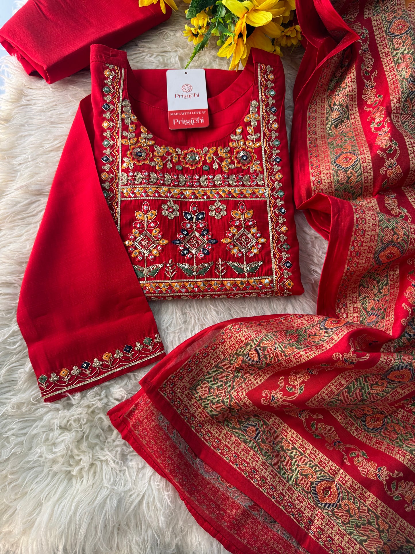 Red embroidered kurta set with dupatta