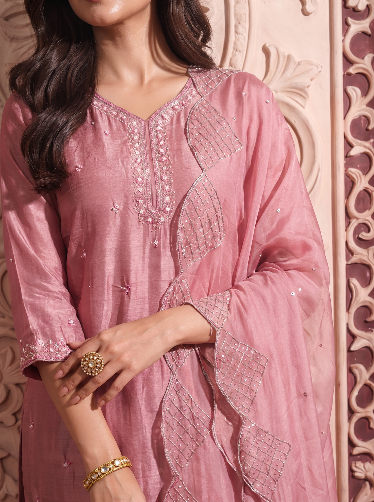 Onion Pink Embroidered Straight Kurta Pant Set with a Scalloped Dupatta.